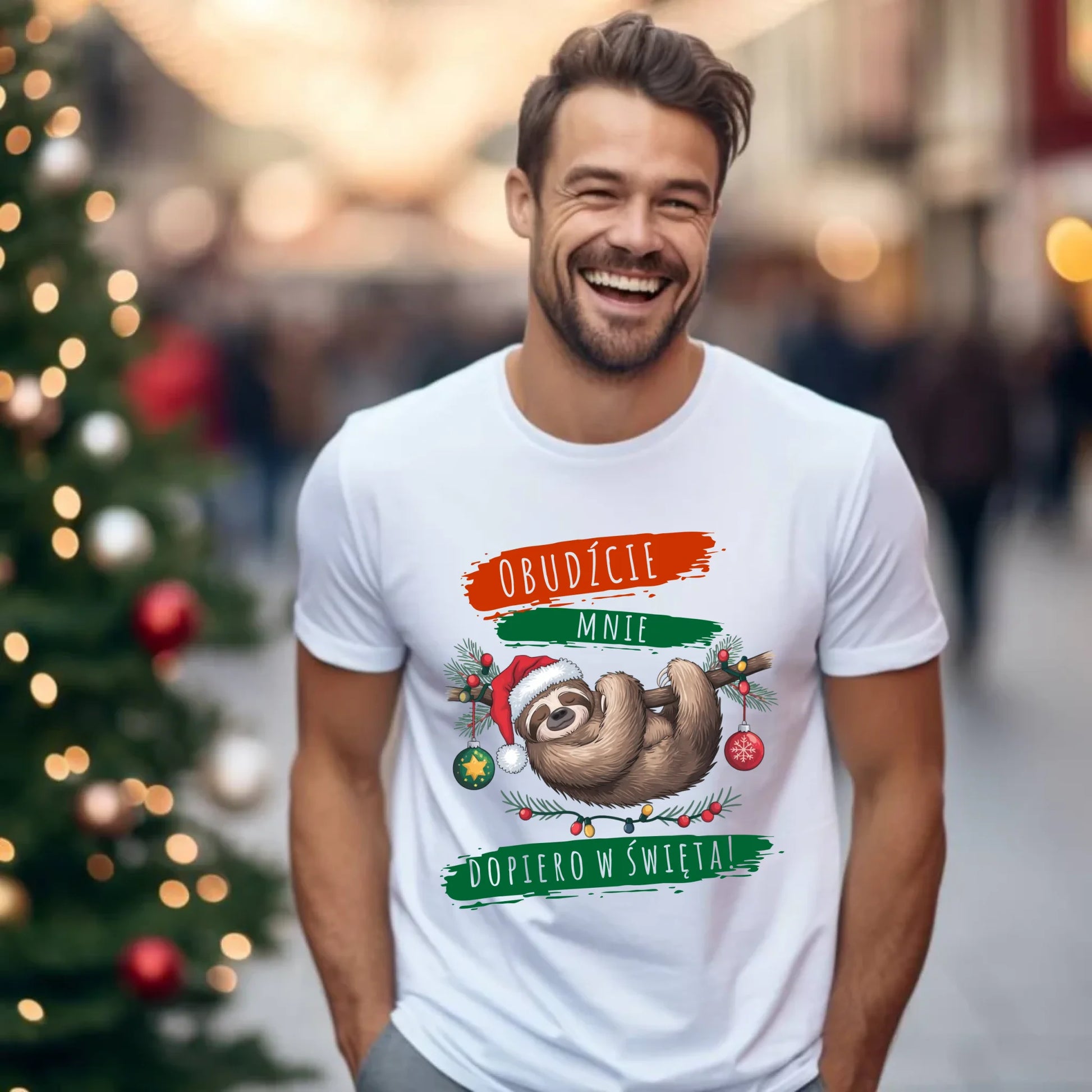 Koszulka męska świąteczna - Leniwiec - Obudźcie mnie dopiero w święta BN02 - StoryCups.pl