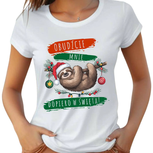 Koszulka damska świąteczna - Leniwiec - Obudźcie mnie dopiero w święta BN02 - StoryCups.pl
