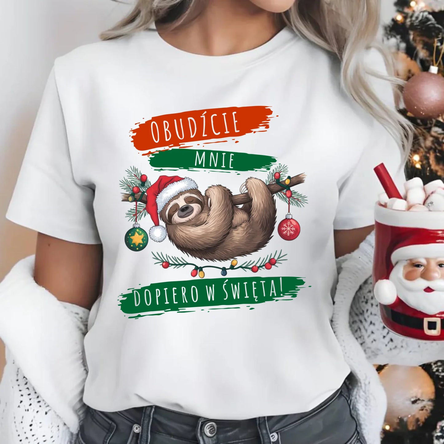 Koszulka damska świąteczna - Leniwiec - Obudźcie mnie dopiero w święta BN02 - StoryCups.pl