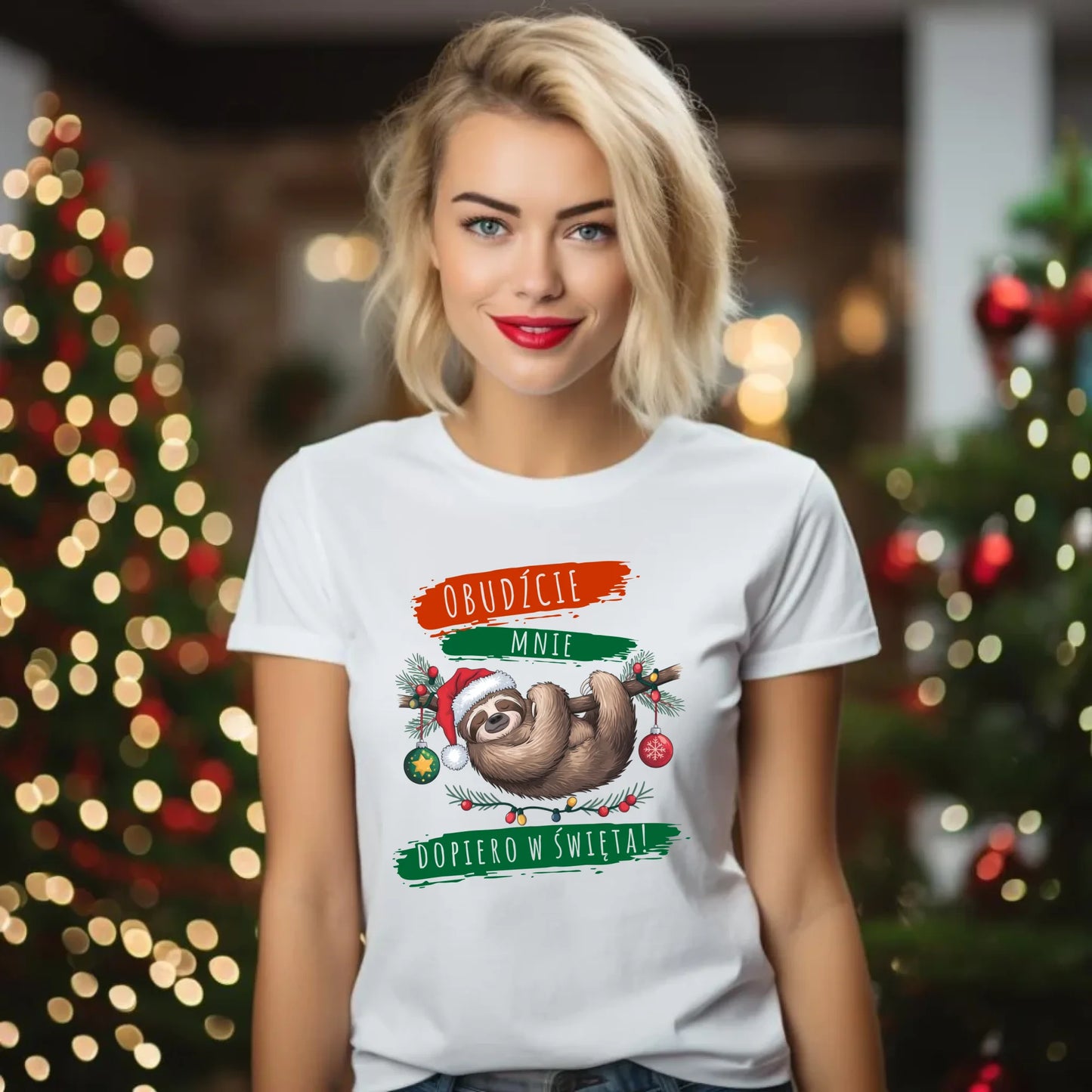 Koszulka damska świąteczna - Leniwiec - Obudźcie mnie dopiero w święta BN02 - StoryCups.pl