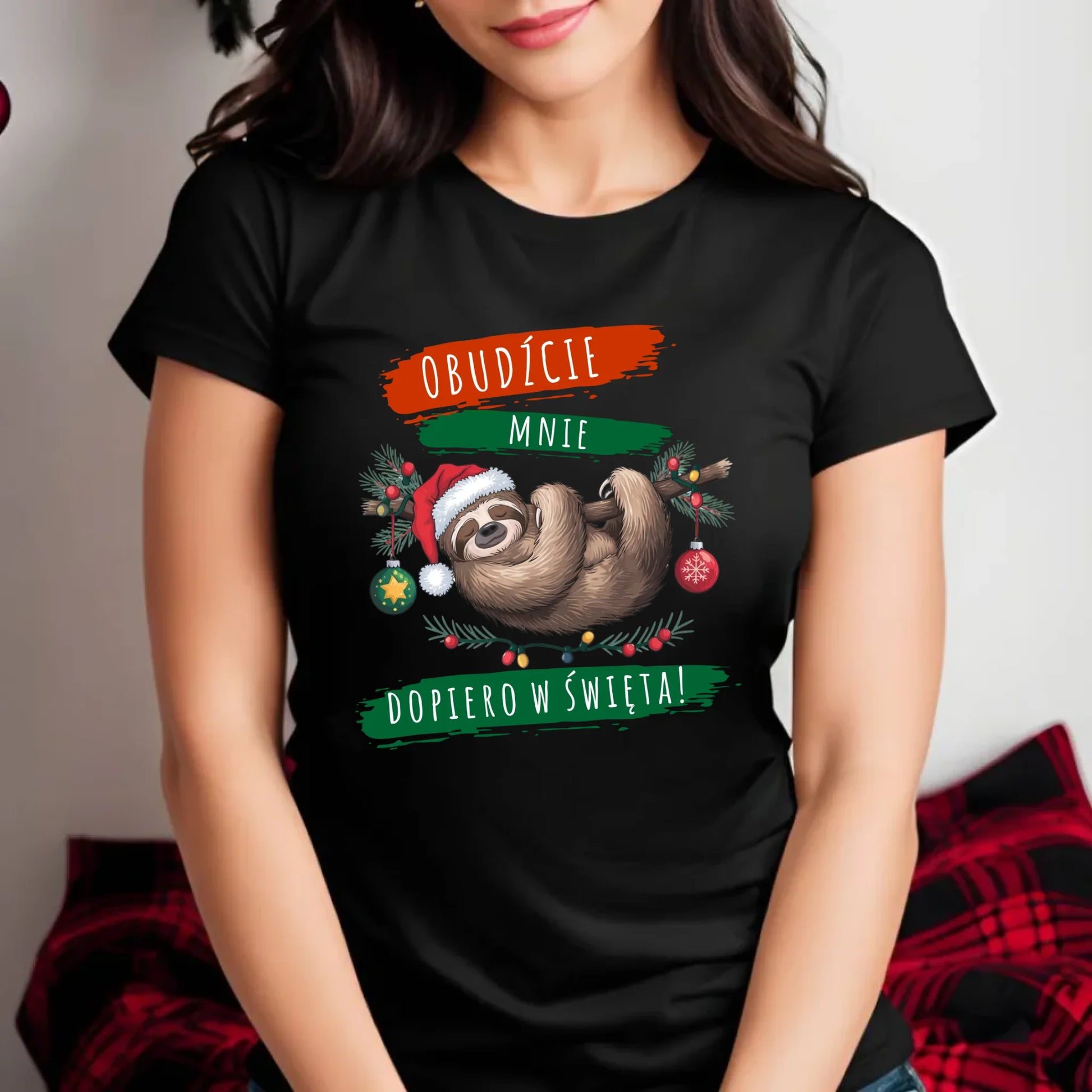 Koszulka damska świąteczna - Leniwiec - Obudźcie mnie dopiero w święta BN02 - StoryCups.pl