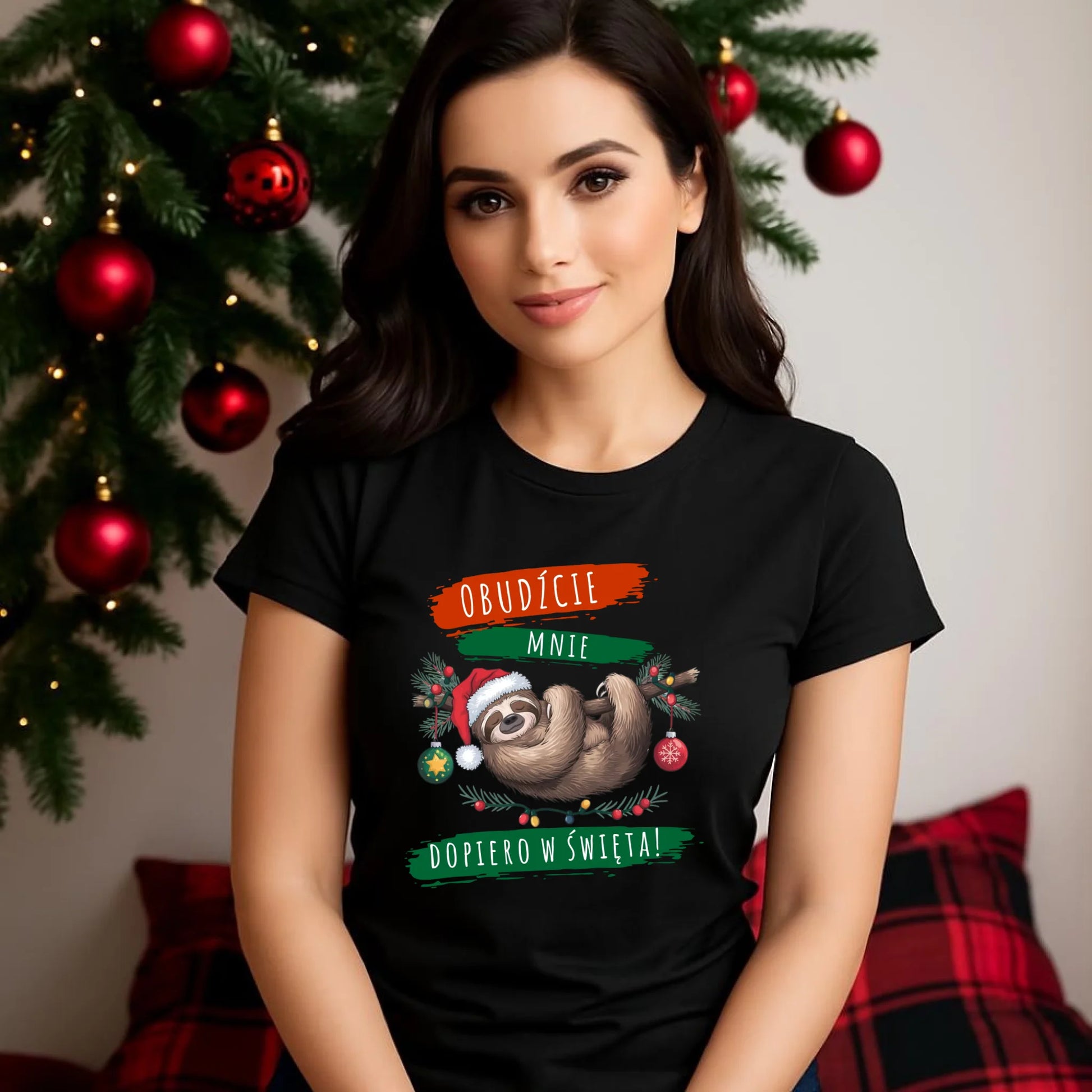 Koszulka damska świąteczna - Leniwiec - Obudźcie mnie dopiero w święta BN02 - StoryCups.pl