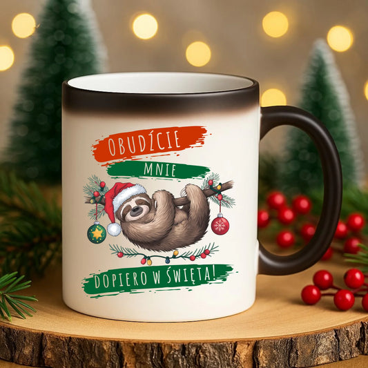 Kubek magiczny świąteczny - Leniwiec - Obudźcie mnie dopiero w święta BN02 - StoryCups.pl