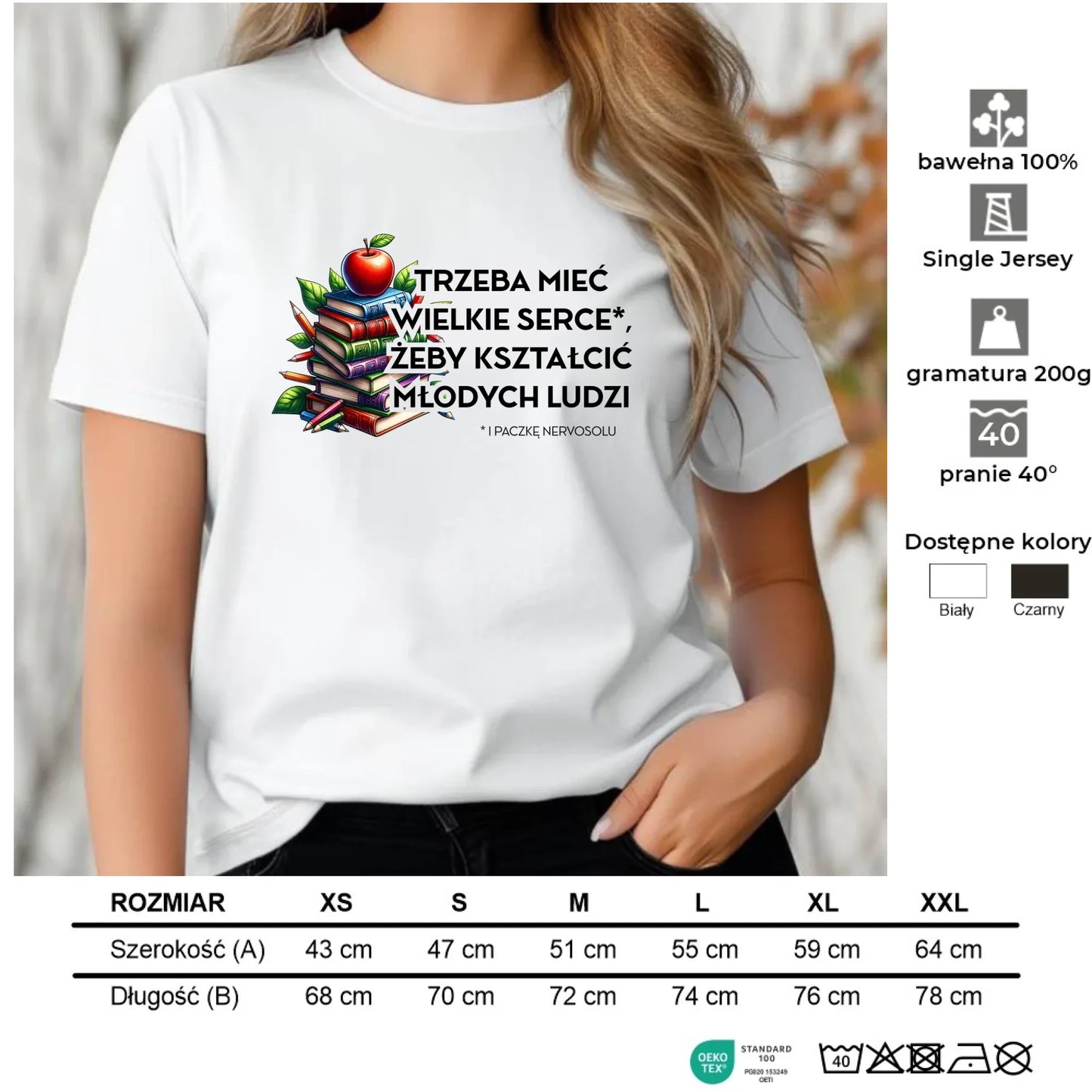 Koszulka damska dla nauczycielki - Trzeba mieć wielkie serce i paczkę nervosolu N73 - StoryCups.pl