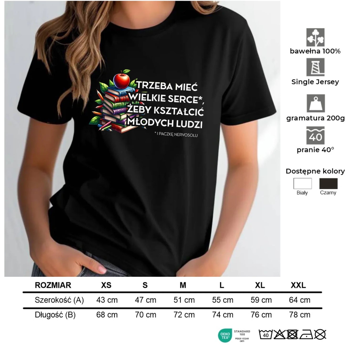 Koszulka damska dla nauczycielki - Trzeba mieć wielkie serce i paczkę nervosolu N73 - StoryCups.pl