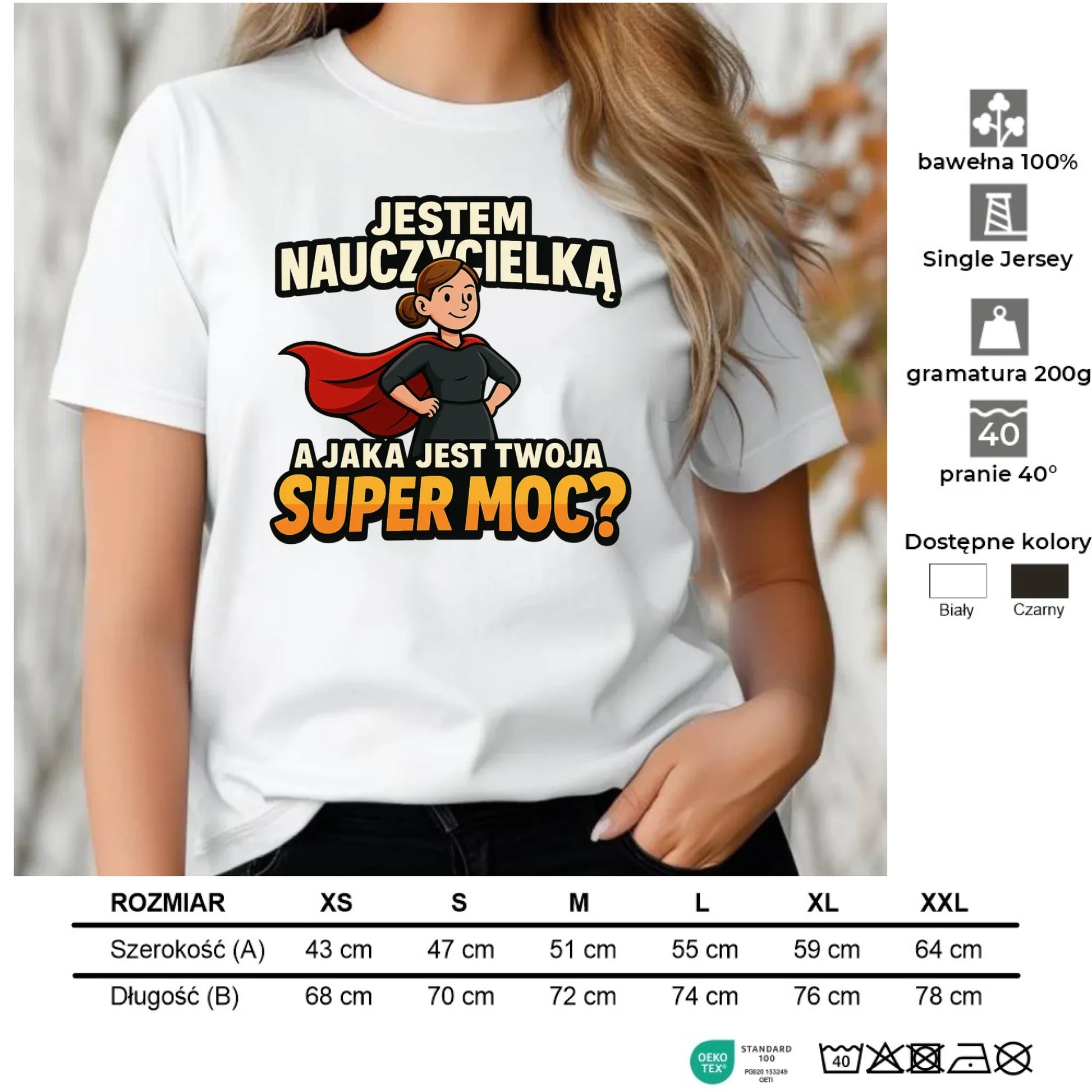 Koszulka damska dla nauczycielki - Jestem nauczycielką, a jak jest Twoja super moc? N26 - StoryCups.pl