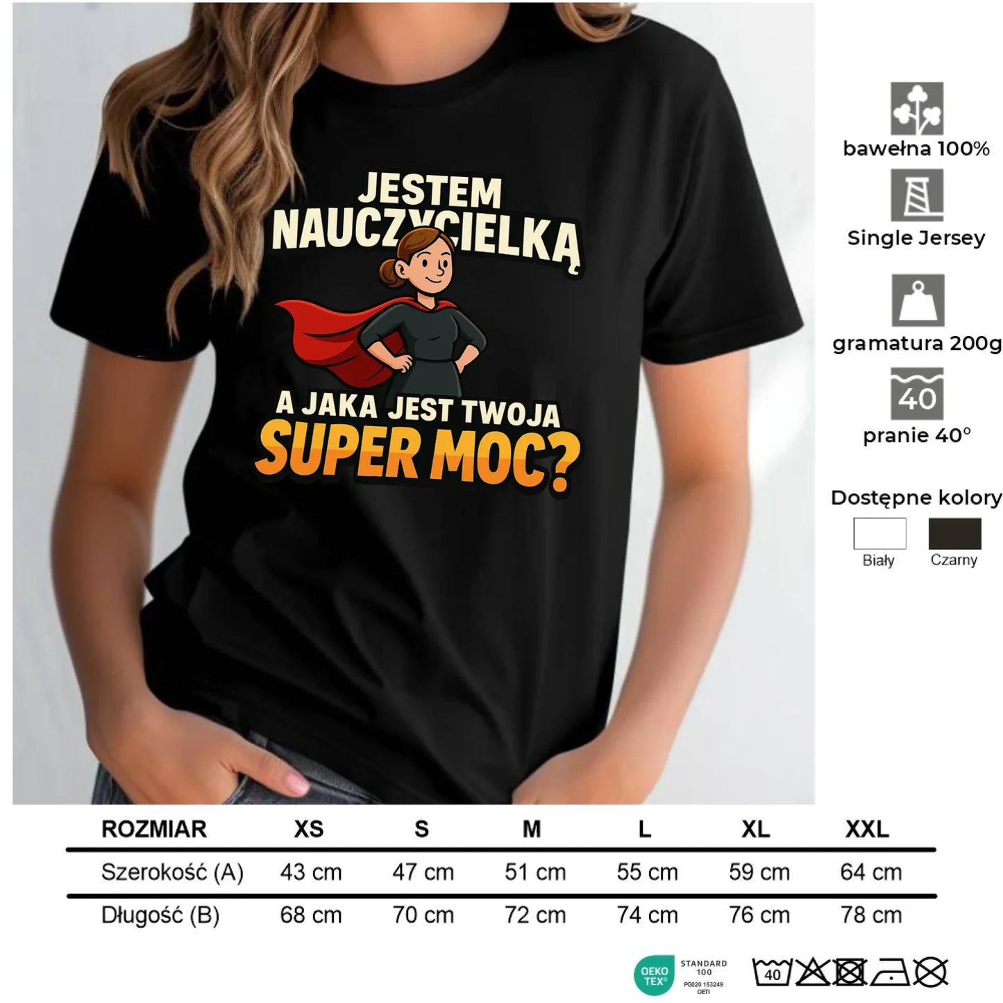 Koszulka damska dla nauczycielki - Jestem nauczycielką, a jak jest Twoja super moc? N26 - StoryCups.pl