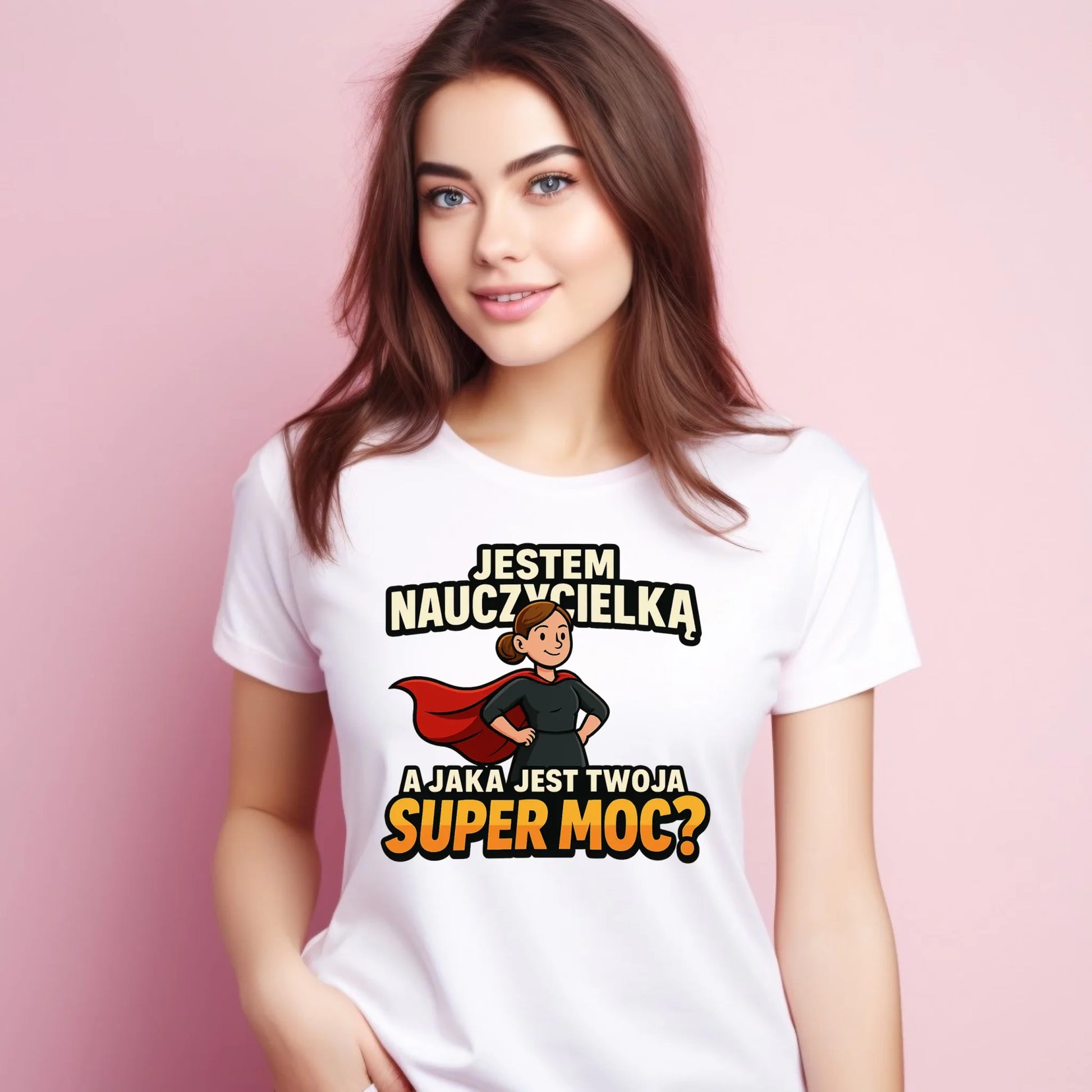 Koszulka damska dla nauczycielki - Jestem nauczycielką, a jak jest Twoja super moc? N26 - StoryCups.pl