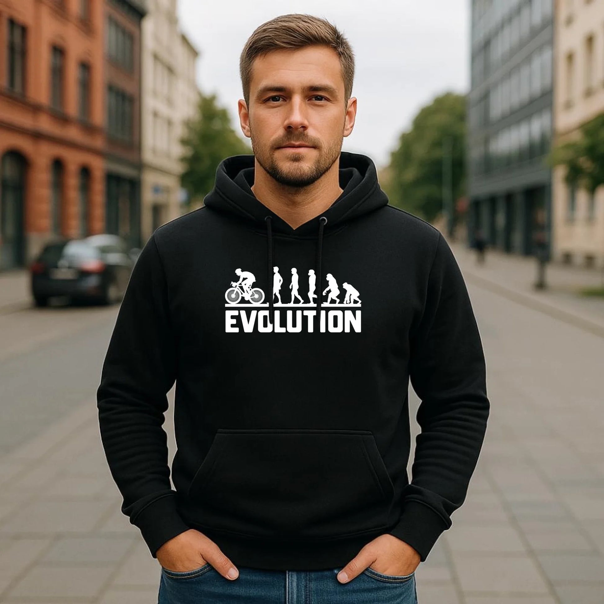 Bluza męska z kapturem na rower - Ewolucja rowerzysty HR04 - StoryCups.pl