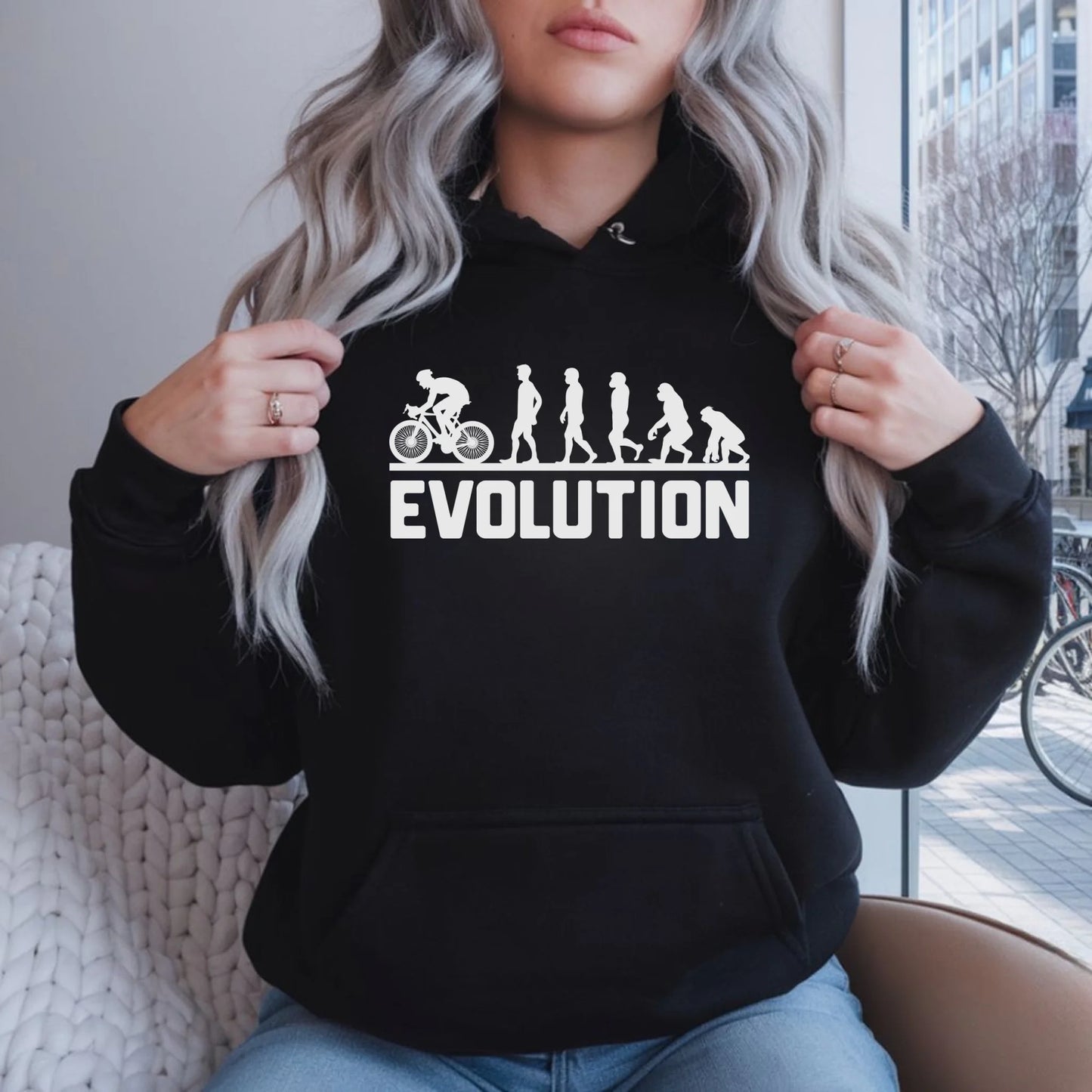 Bluza damska z kapturem na rower - Ewolucja rowerzysty HR04 - StoryCups.pl