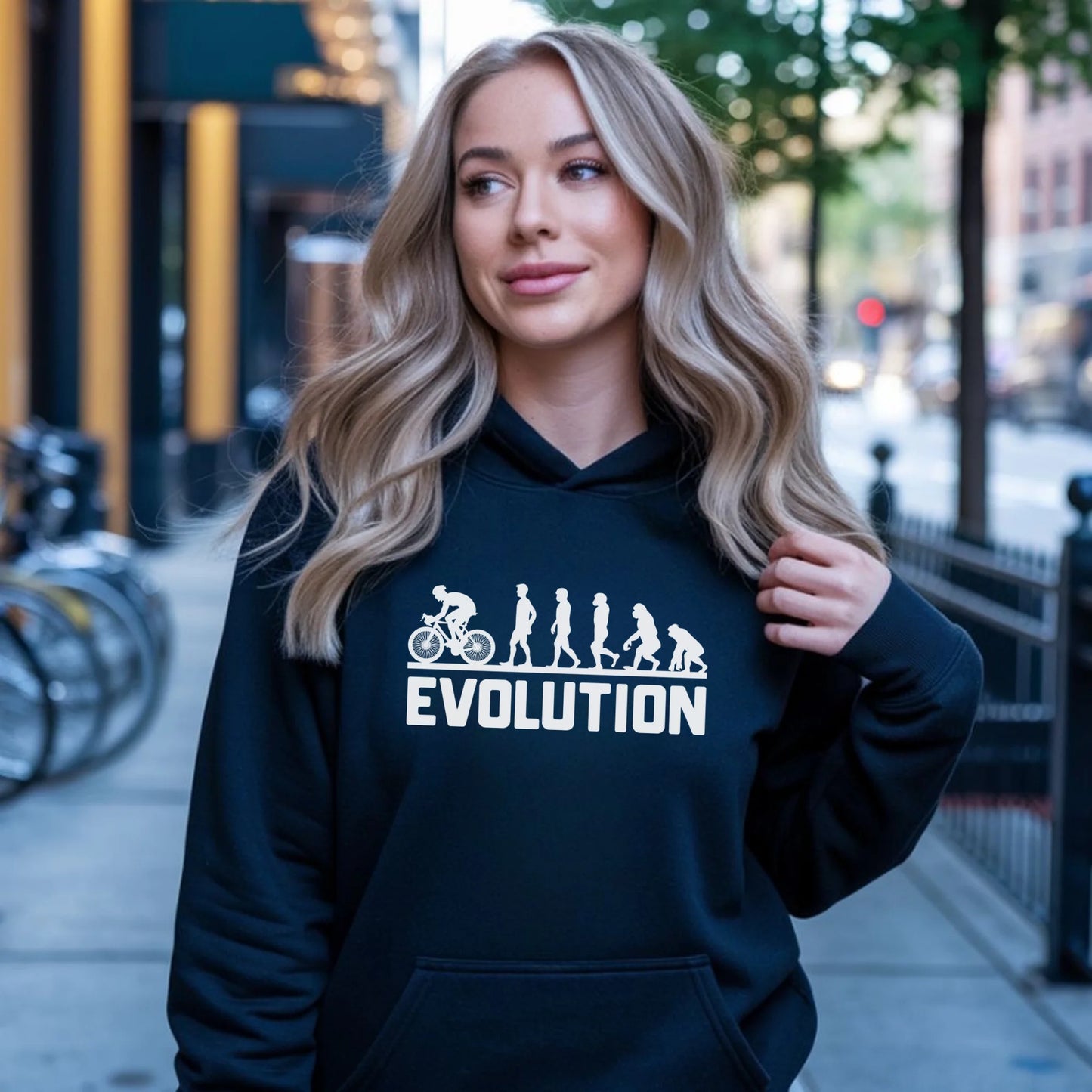 Bluza damska z kapturem na rower - Ewolucja rowerzysty HR04 - StoryCups.pl