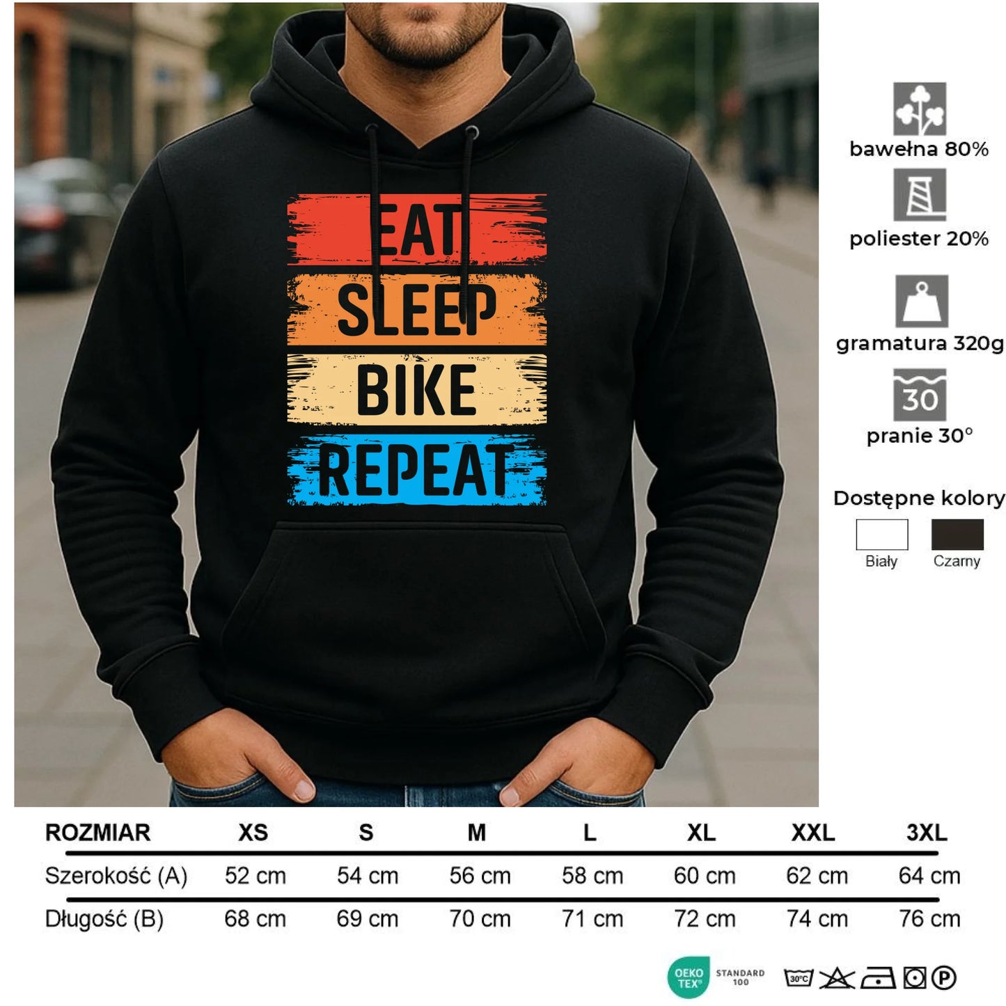Bluza męska z kapturem na rower - Eat sleep bike repeat HR03 - StoryCups.pl