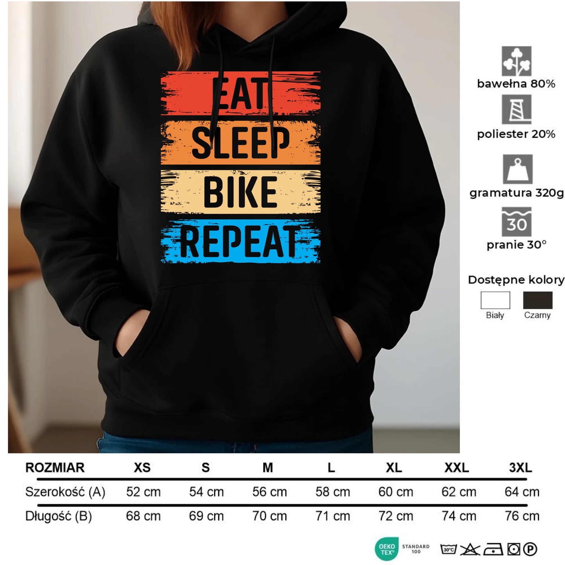 Bluza damska z kapturem na rower - Eat sleep bike repeat HR03 - StoryCups.pl