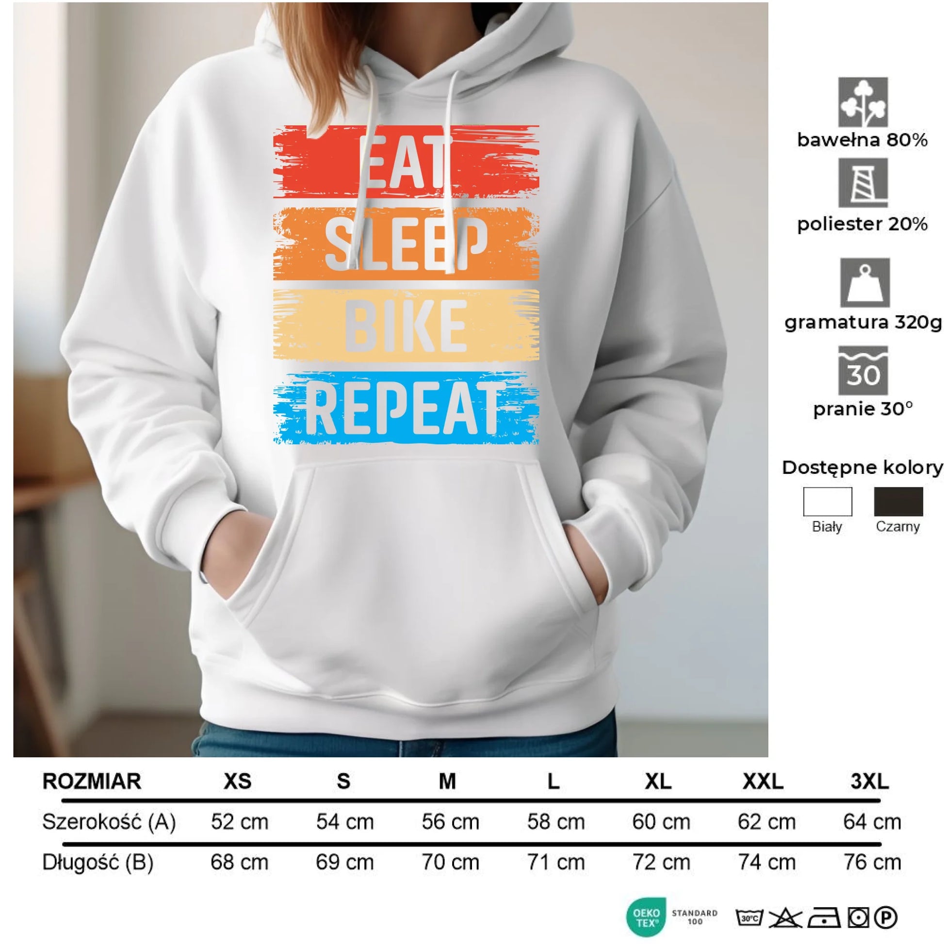 Bluza damska z kapturem na rower - Eat sleep bike repeat HR03 - StoryCups.pl