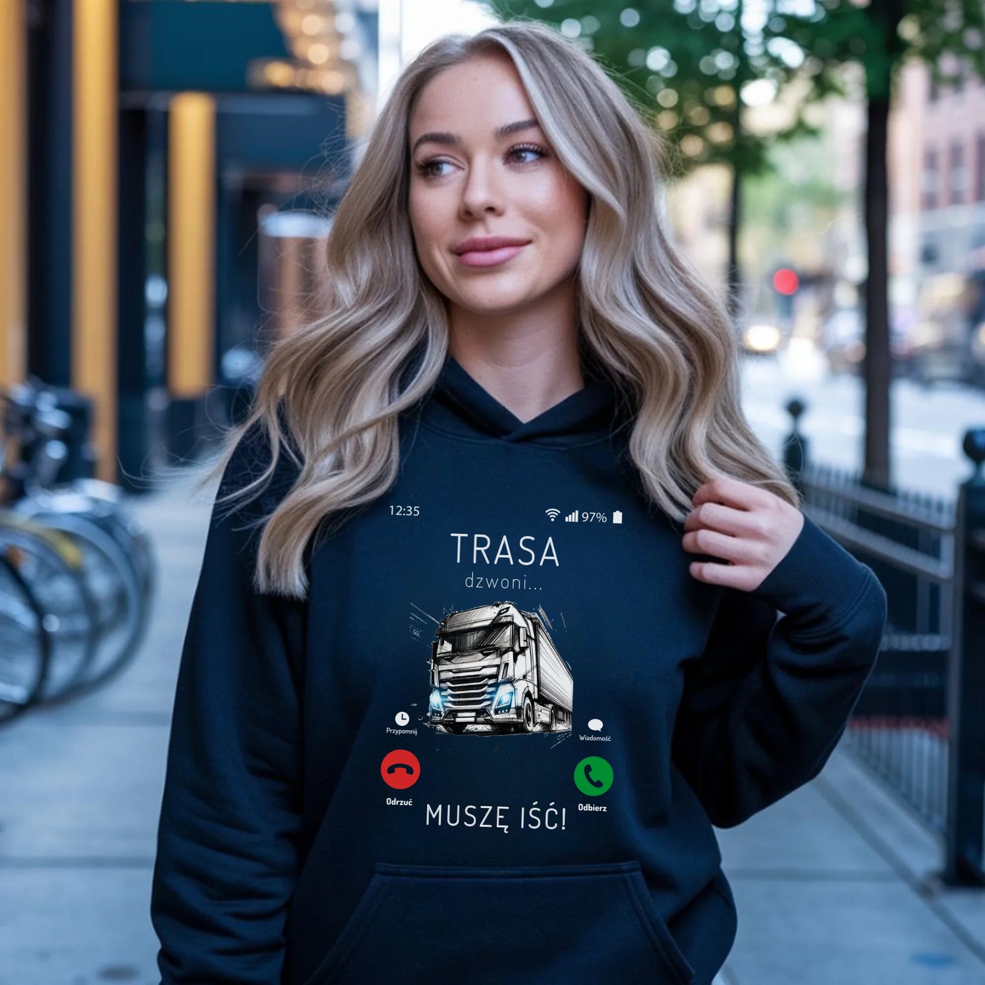 Bluza damska z kapturem dla kierowcy tira - Trasa dzwoni muszę iść ZKT03 - StoryCups.pl