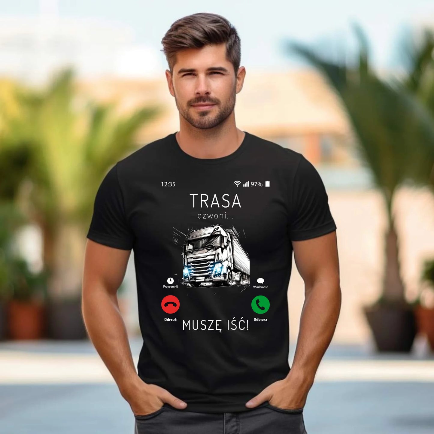 Koszulka męska dla kierowcy tira - Trasa dzwoni muszę iść ZKT03 - StoryCups.pl