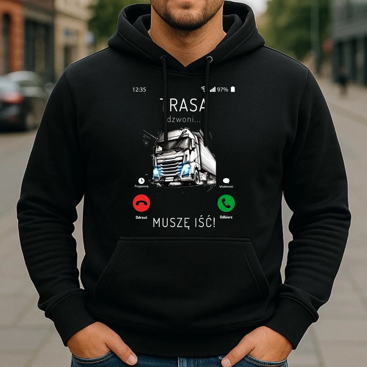 Bluza męska z kapturem dla kierowcy tira - Trasa dzwoni muszę iść ZKT03 - StoryCups.pl