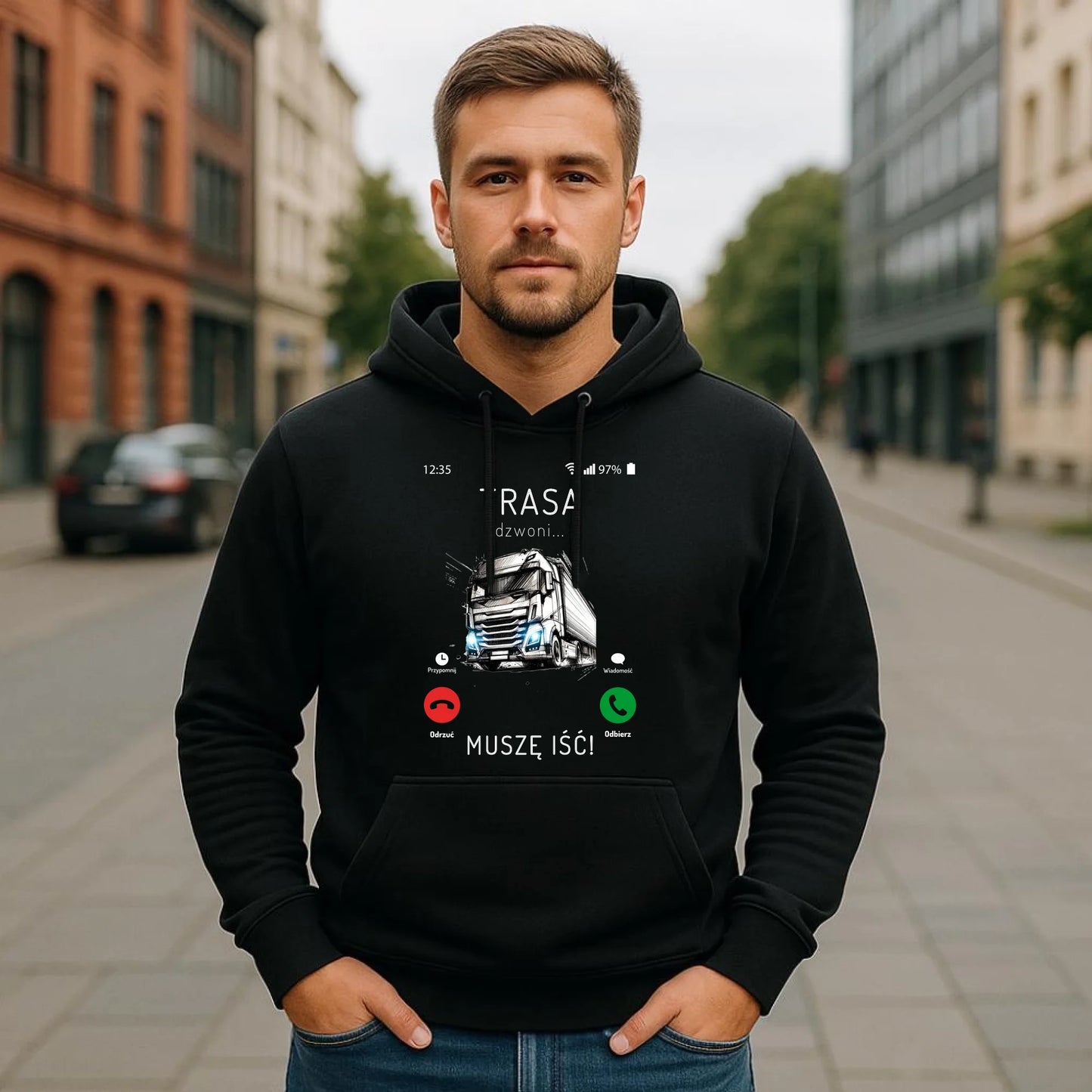 Bluza męska z kapturem dla kierowcy tira - Trasa dzwoni muszę iść ZKT03 - StoryCups.pl