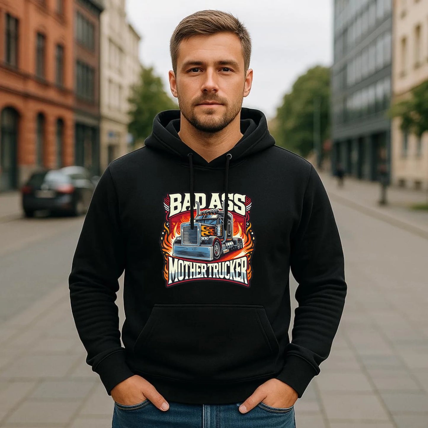 Bluza męska z kapturem dla kierowcy tira - Badass Mother Trucker ZKT04 - StoryCups.pl