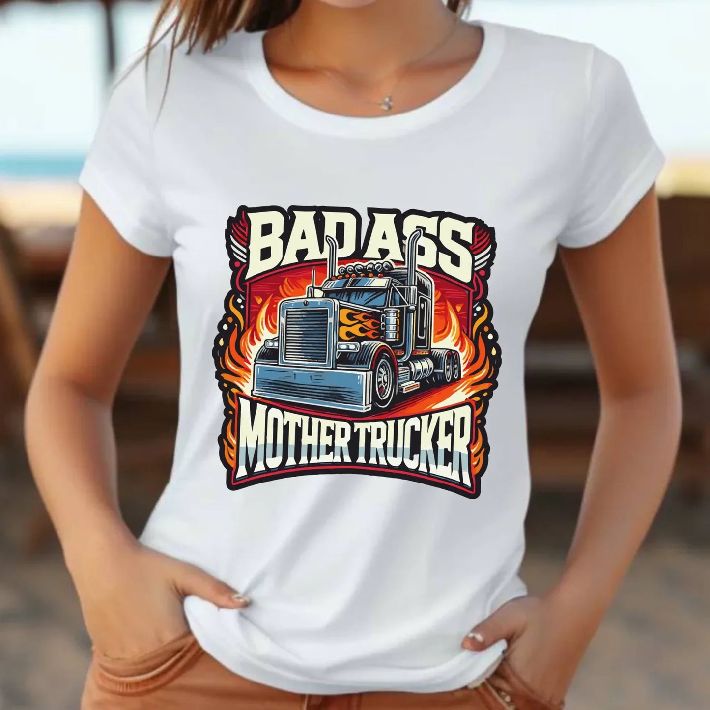 Koszulka damska dla kierowcy tira - Badass Mother Trucker ZKT04 - StoryCups.pl
