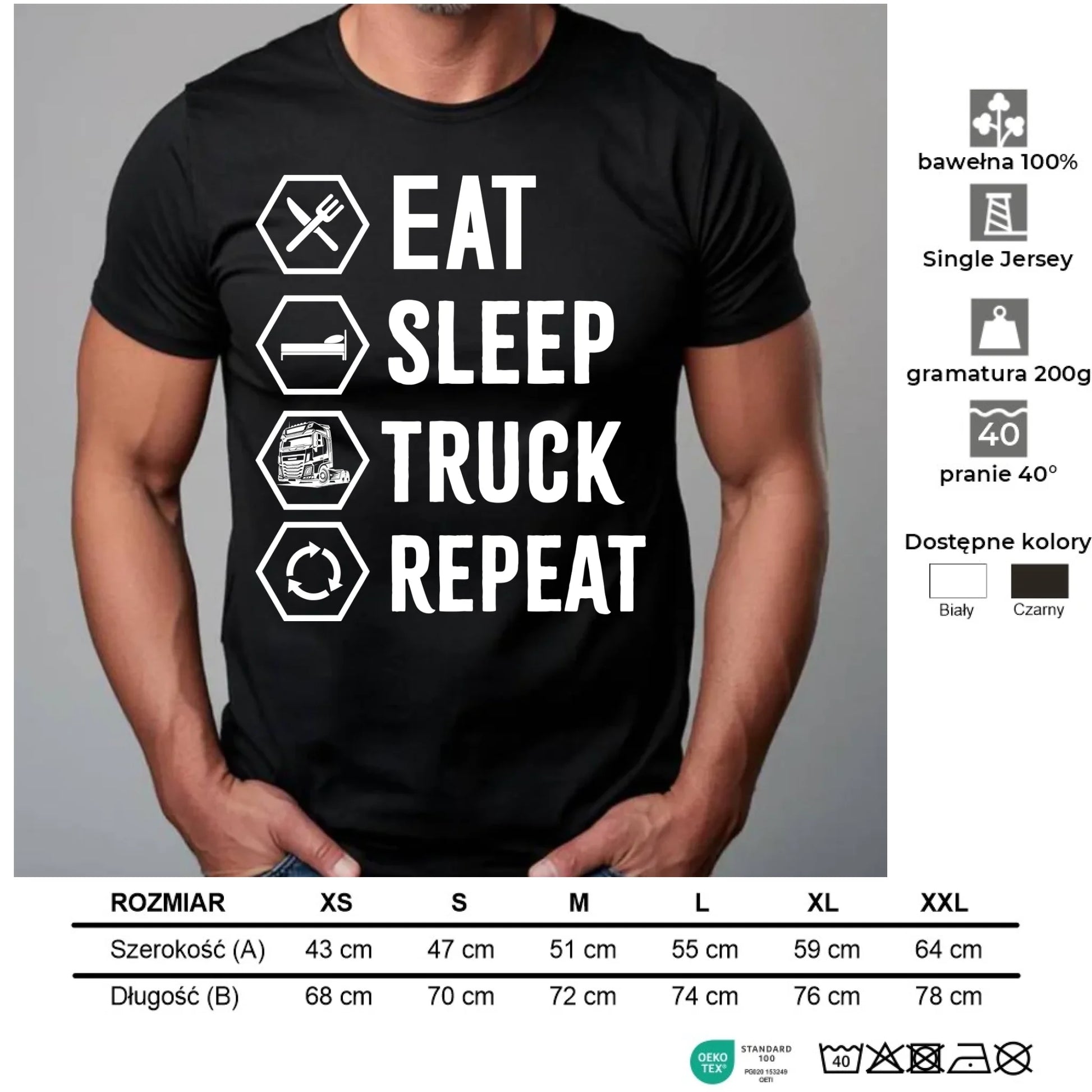 Koszulka męska dla kierowcy ciężarówki - Eat Sleep Truck Repeat ZKT05 - StoryCups.pl