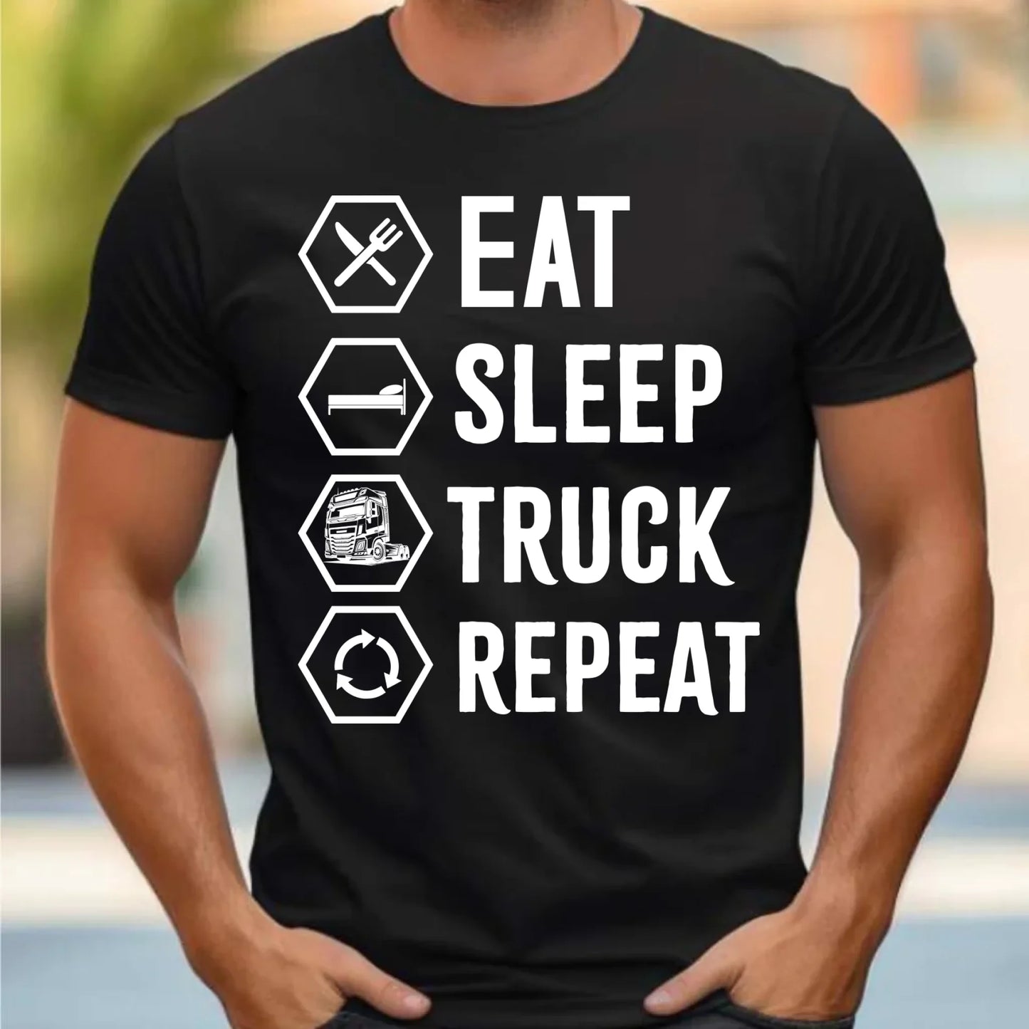 Koszulka męska dla kierowcy ciężarówki - Eat Sleep Truck Repeat ZKT05 - StoryCups.pl
