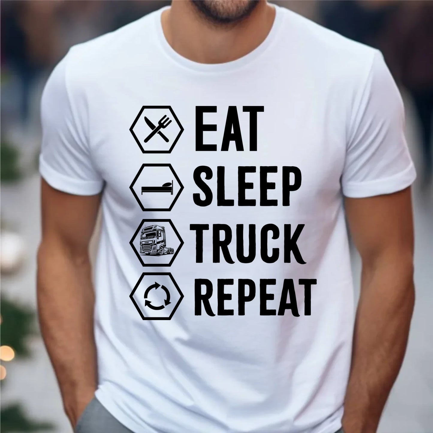 Koszulka męska dla kierowcy ciężarówki - Eat Sleep Truck Repeat ZKT05 - StoryCups.pl