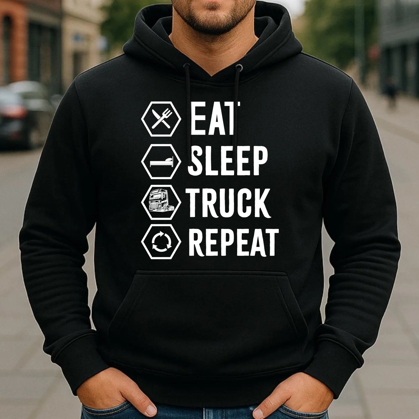Bluza męska z kapturem dla kierowcy ciężarówki - Eat Sleep Truck Repeat ZKT05 - StoryCups.pl
