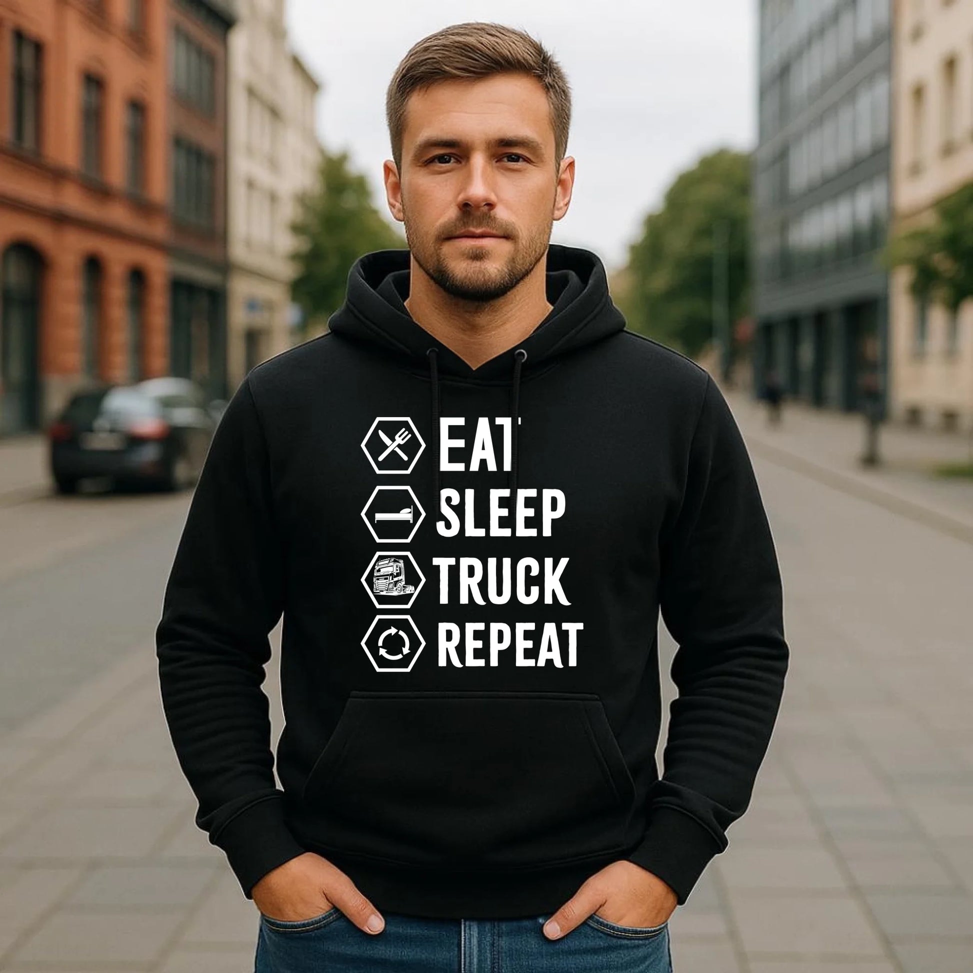 Bluza męska z kapturem dla kierowcy ciężarówki - Eat Sleep Truck Repeat ZKT05 - StoryCups.pl
