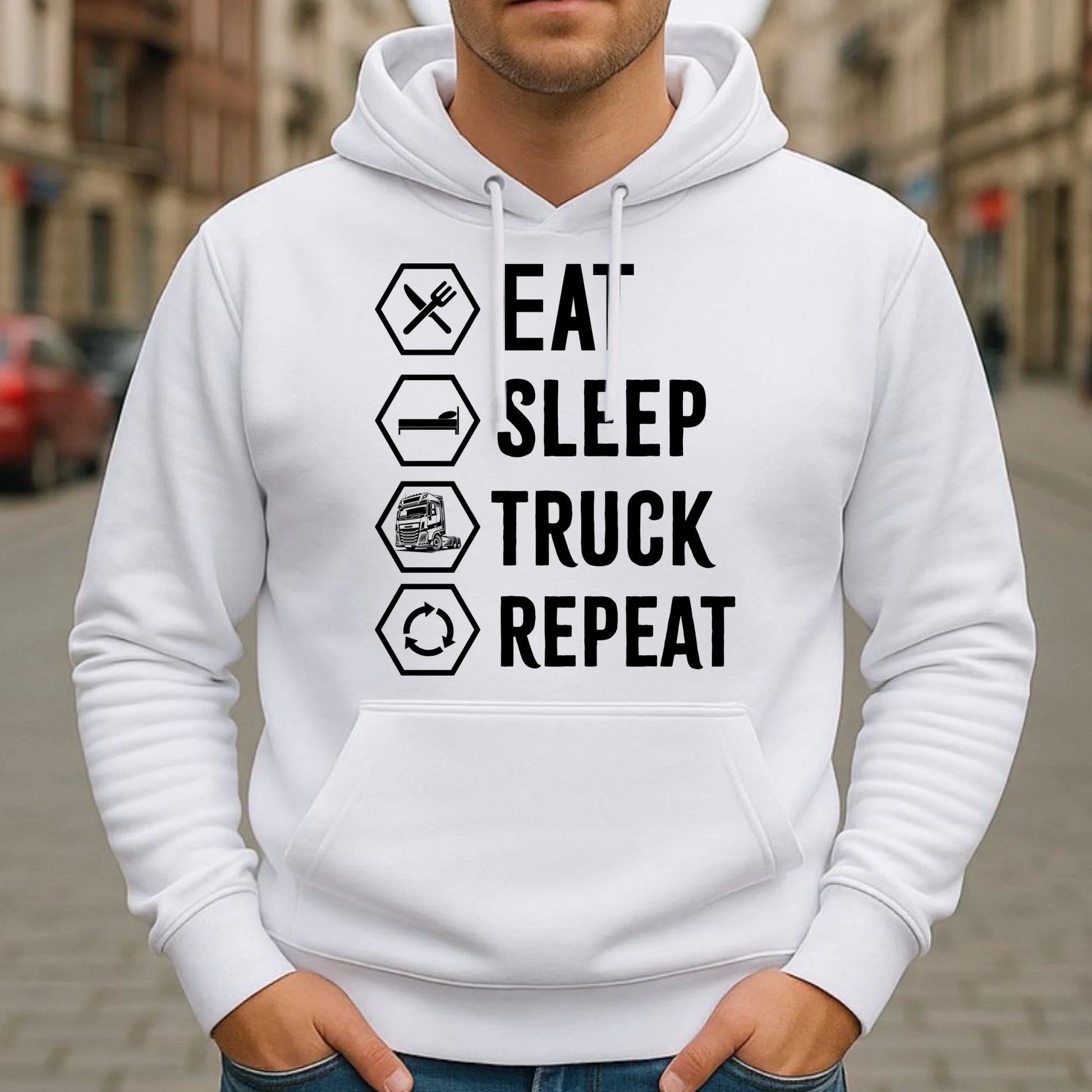Bluza męska z kapturem dla kierowcy ciężarówki - Eat Sleep Truck Repeat ZKT05 - StoryCups.pl