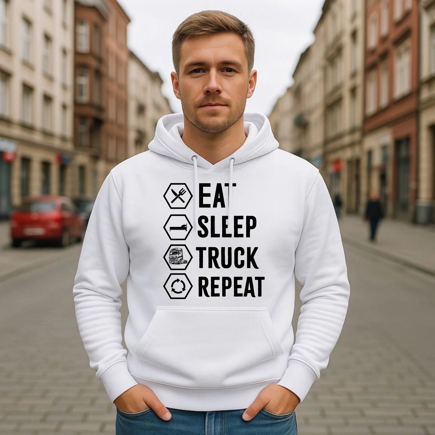 Bluza męska z kapturem dla kierowcy ciężarówki - Eat Sleep Truck Repeat ZKT05 - StoryCups.pl