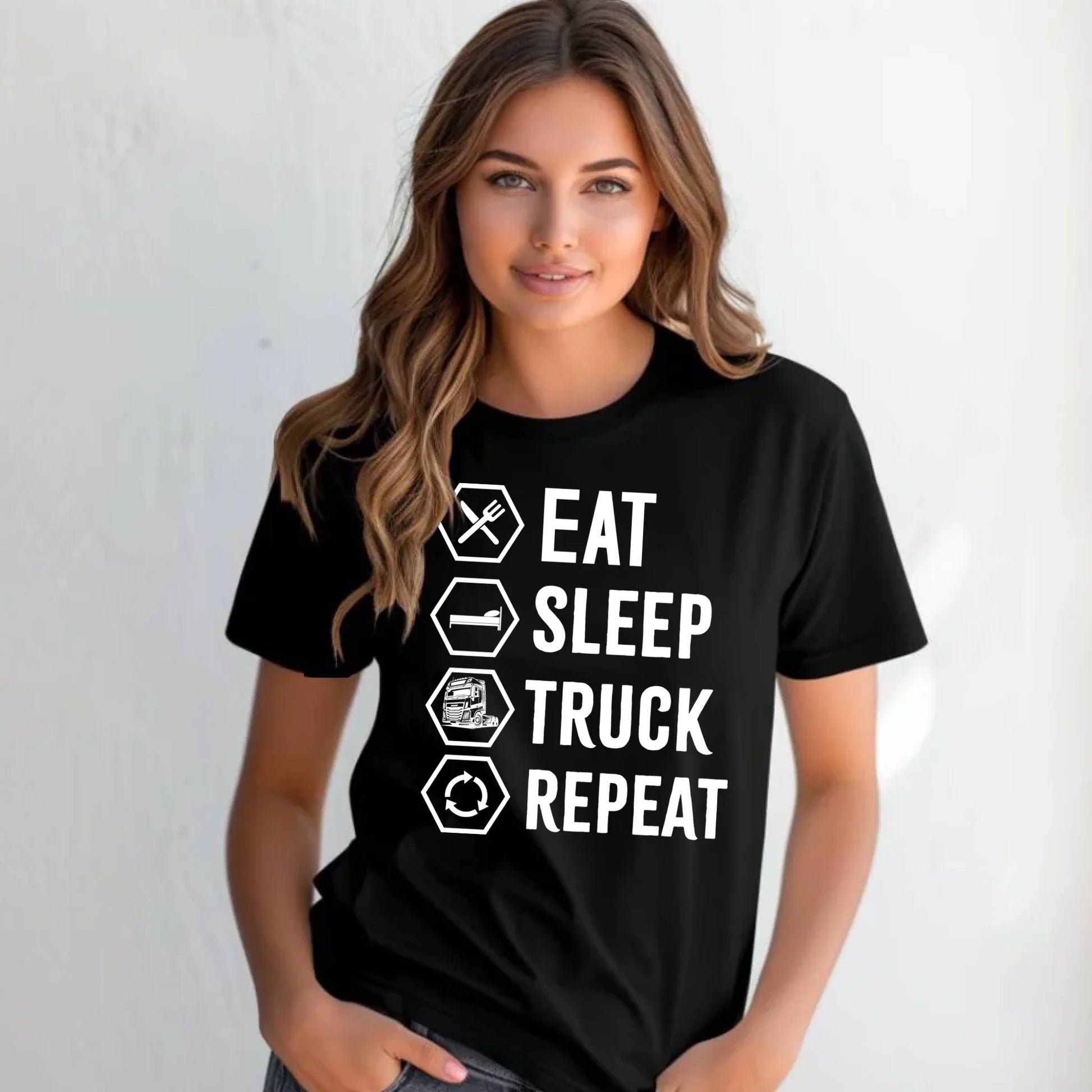 Koszulka damska dla kierowcy ciężarówki - Eat Sleep Truck Repeat ZKT05 - StoryCups.pl