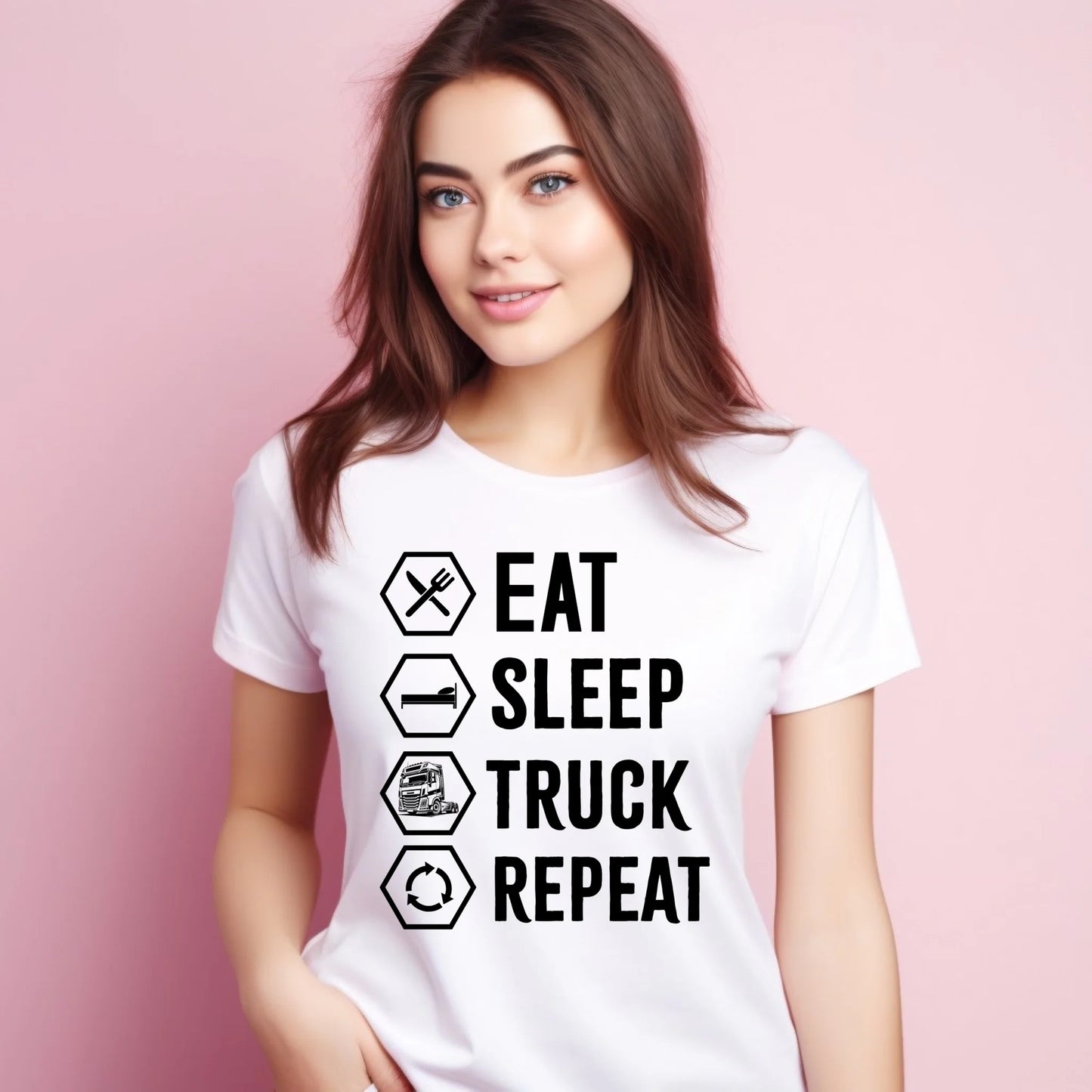 Koszulka damska dla kierowcy ciężarówki - Eat Sleep Truck Repeat ZKT05 - StoryCups.pl