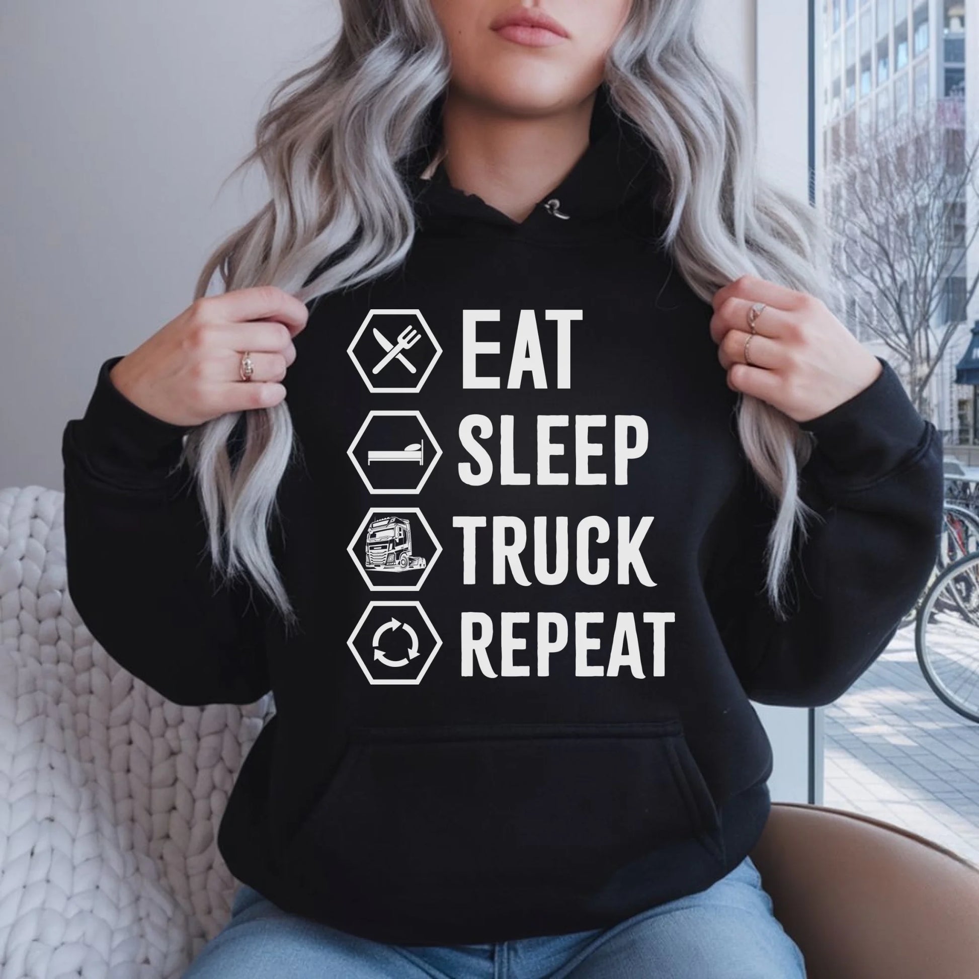 Bluza damska z kapturem dla kierowcy ciężarówki - Eat Sleep Truck Repeat ZKT05 - StoryCups.pl