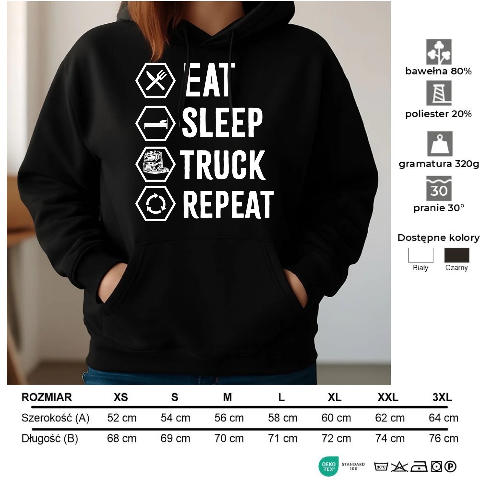 Bluza damska z kapturem dla kierowcy ciężarówki - Eat Sleep Truck Repeat ZKT05 - StoryCups.pl