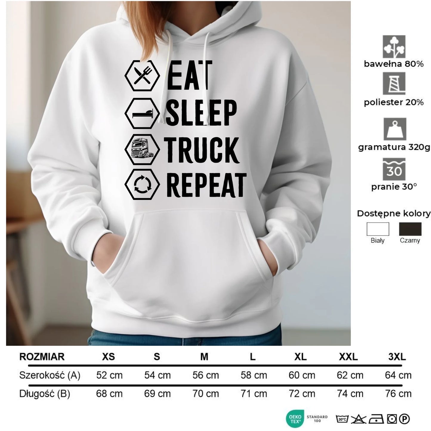 Bluza damska z kapturem dla kierowcy ciężarówki - Eat Sleep Truck Repeat ZKT05 - StoryCups.pl