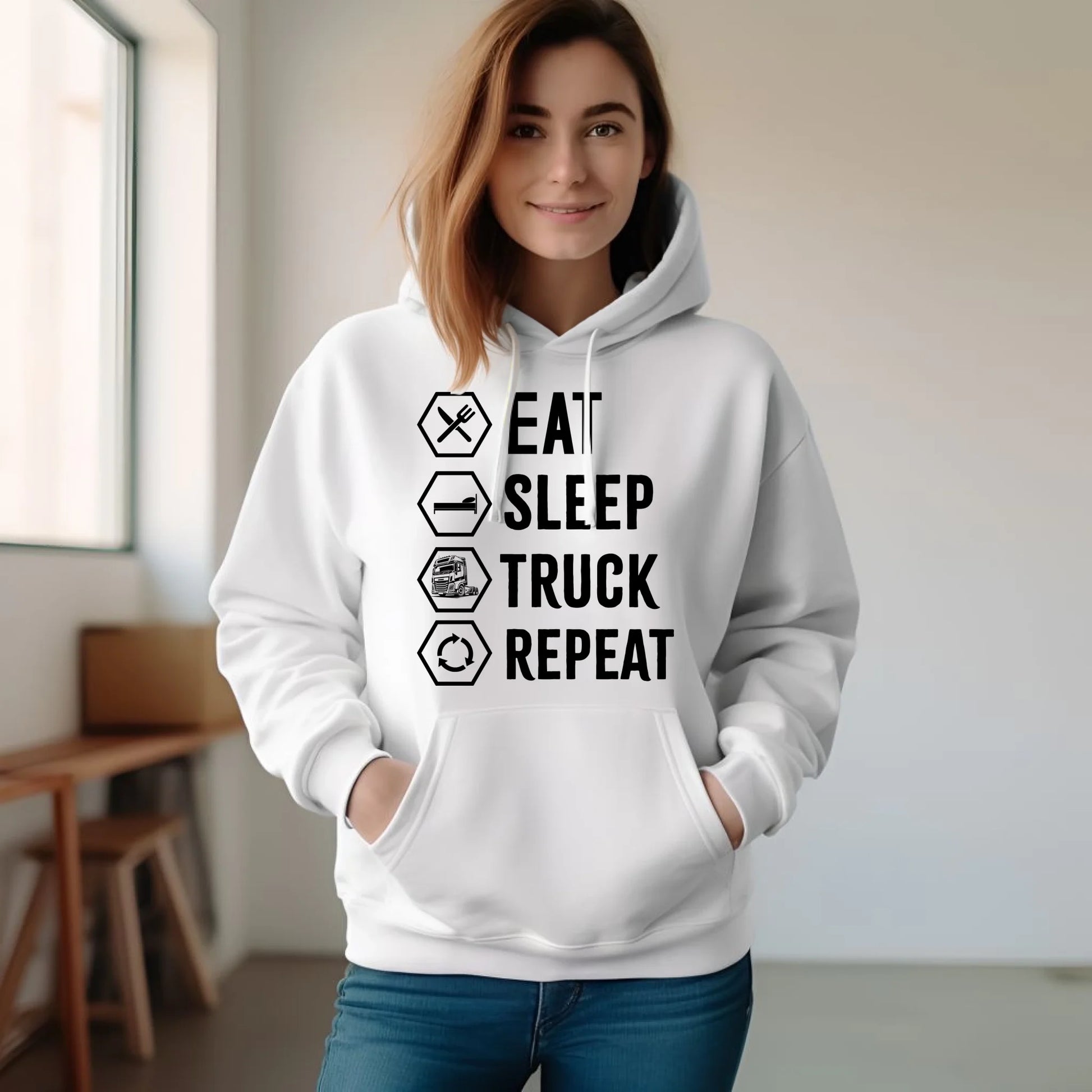 Bluza damska z kapturem dla kierowcy ciężarówki - Eat Sleep Truck Repeat ZKT05 - StoryCups.pl