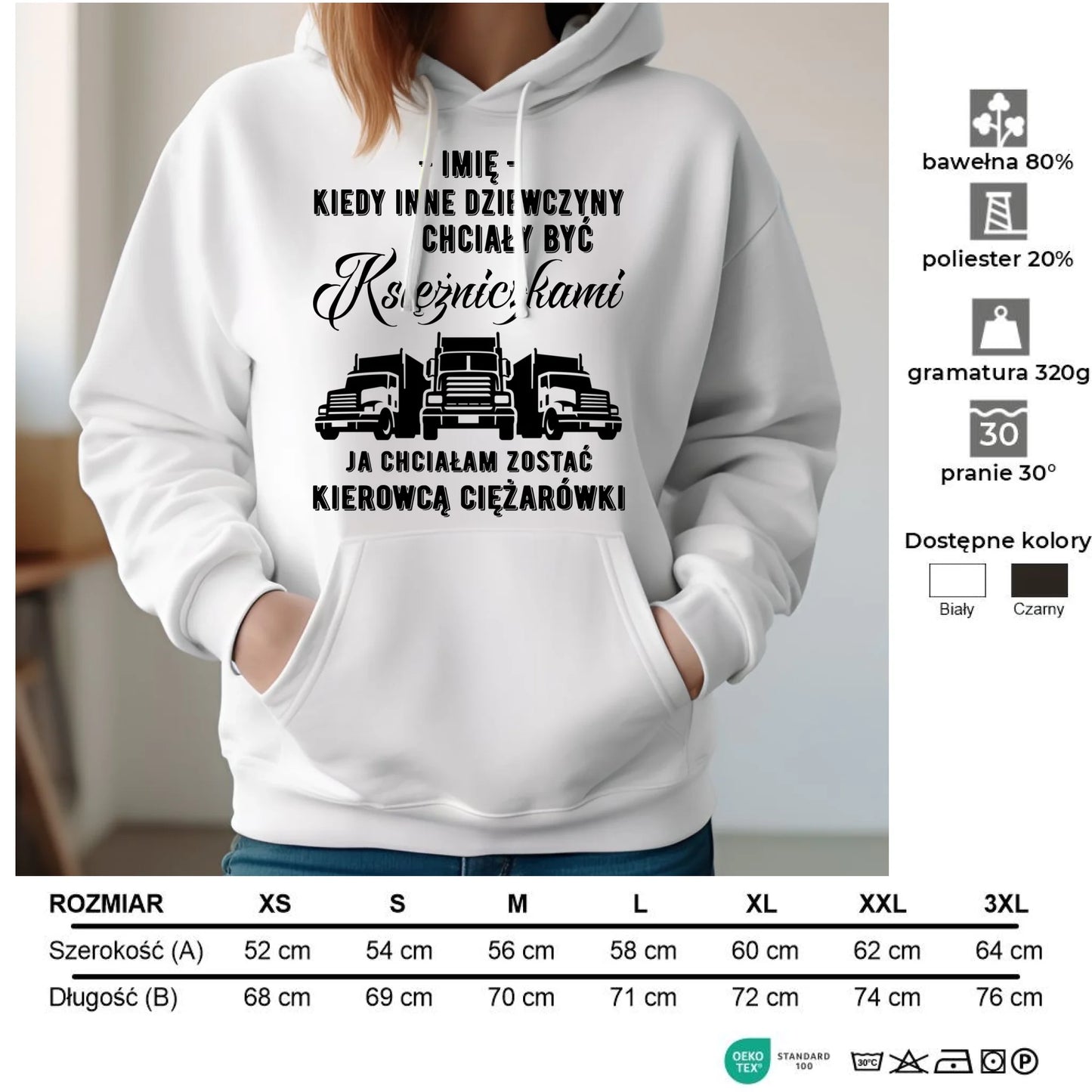 Bluza damska z kapturem dla kierowcy ciężarówki - Nie chciałam być księżniczką - personalizowana ZKT08 - StoryCups.pl