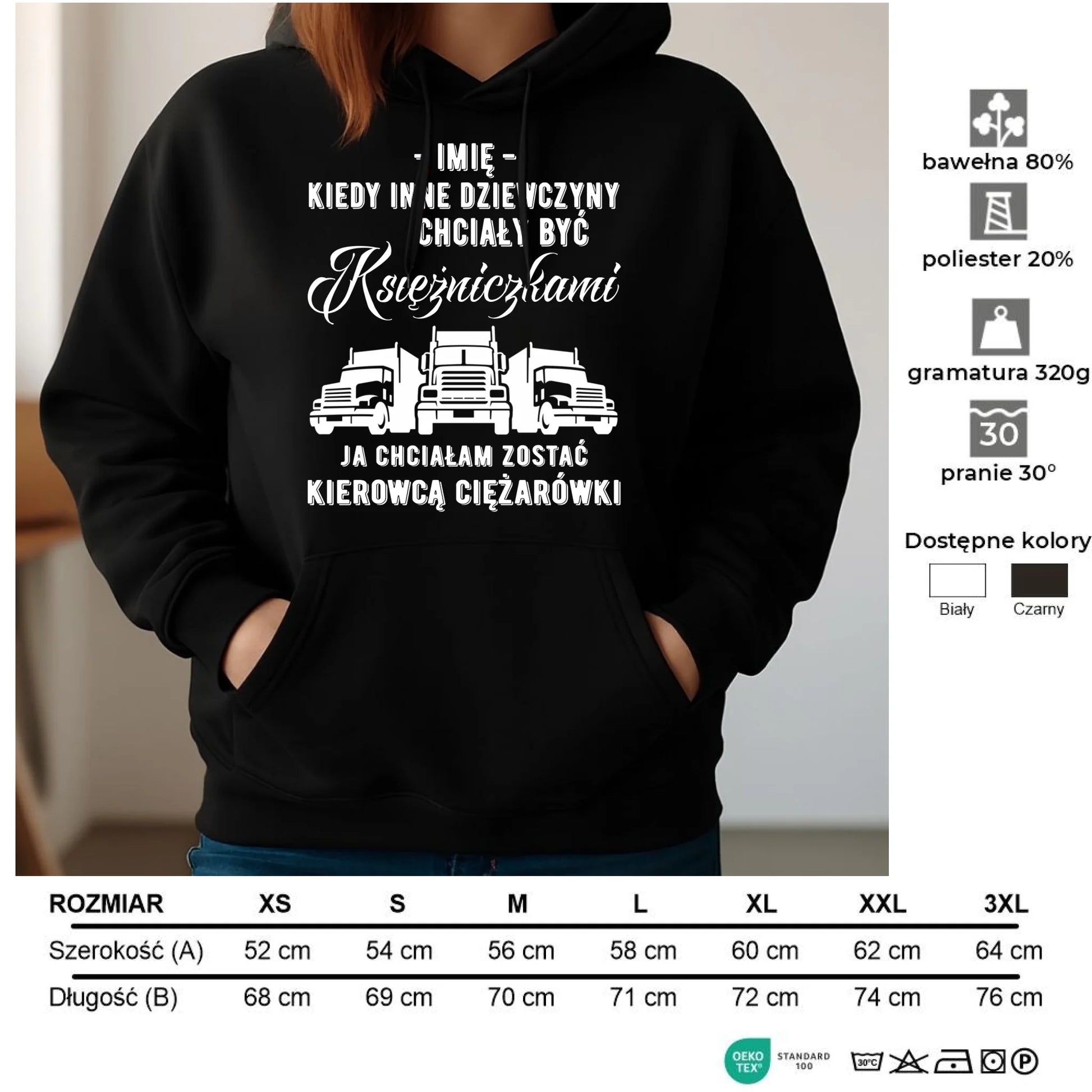 Bluza damska z kapturem dla kierowcy ciężarówki - Nie chciałam być księżniczką - personalizowana ZKT08 - StoryCups.pl