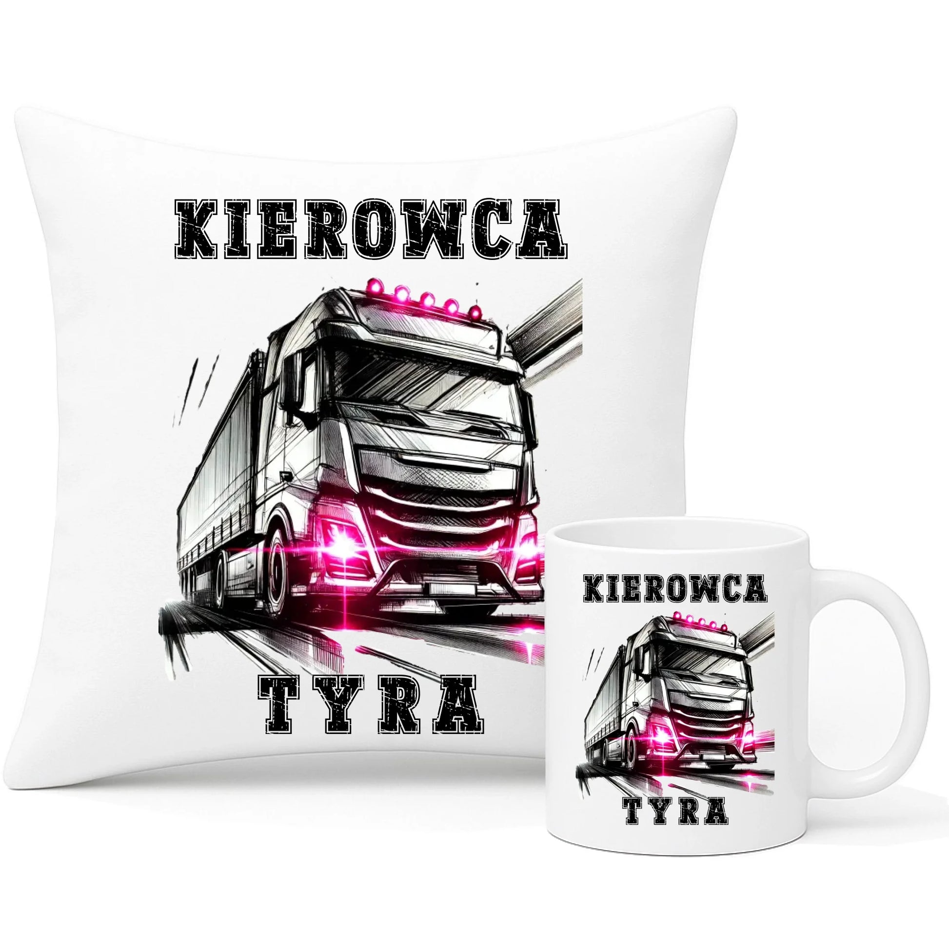 Zestaw poduszka i kubek dla kobiety kierowcy ciężarówki - Kierowca tyra ZKT15 - StoryCups.pl