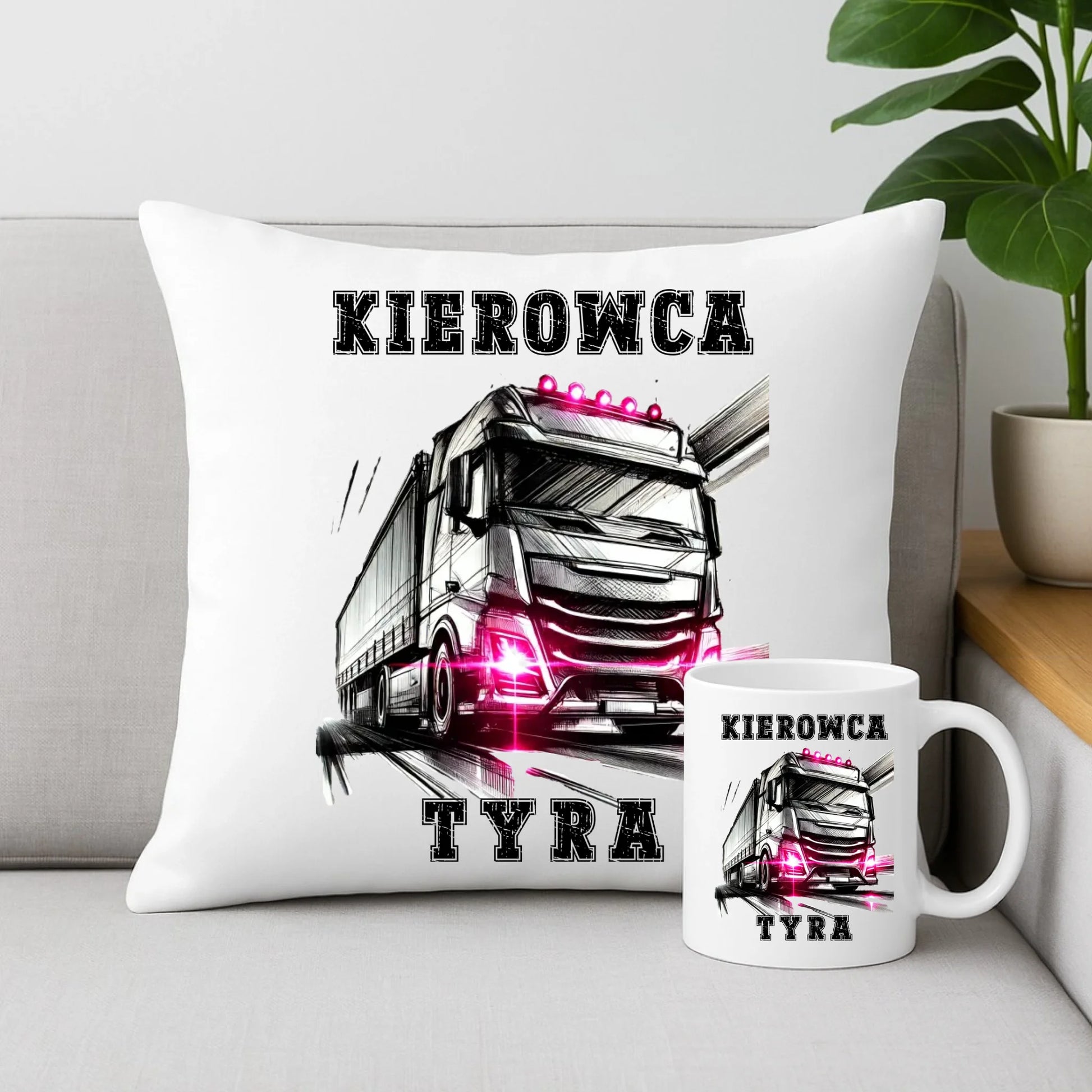 Zestaw poduszka i kubek dla kobiety kierowcy ciężarówki - Kierowca tyra ZKT15 - StoryCups.pl