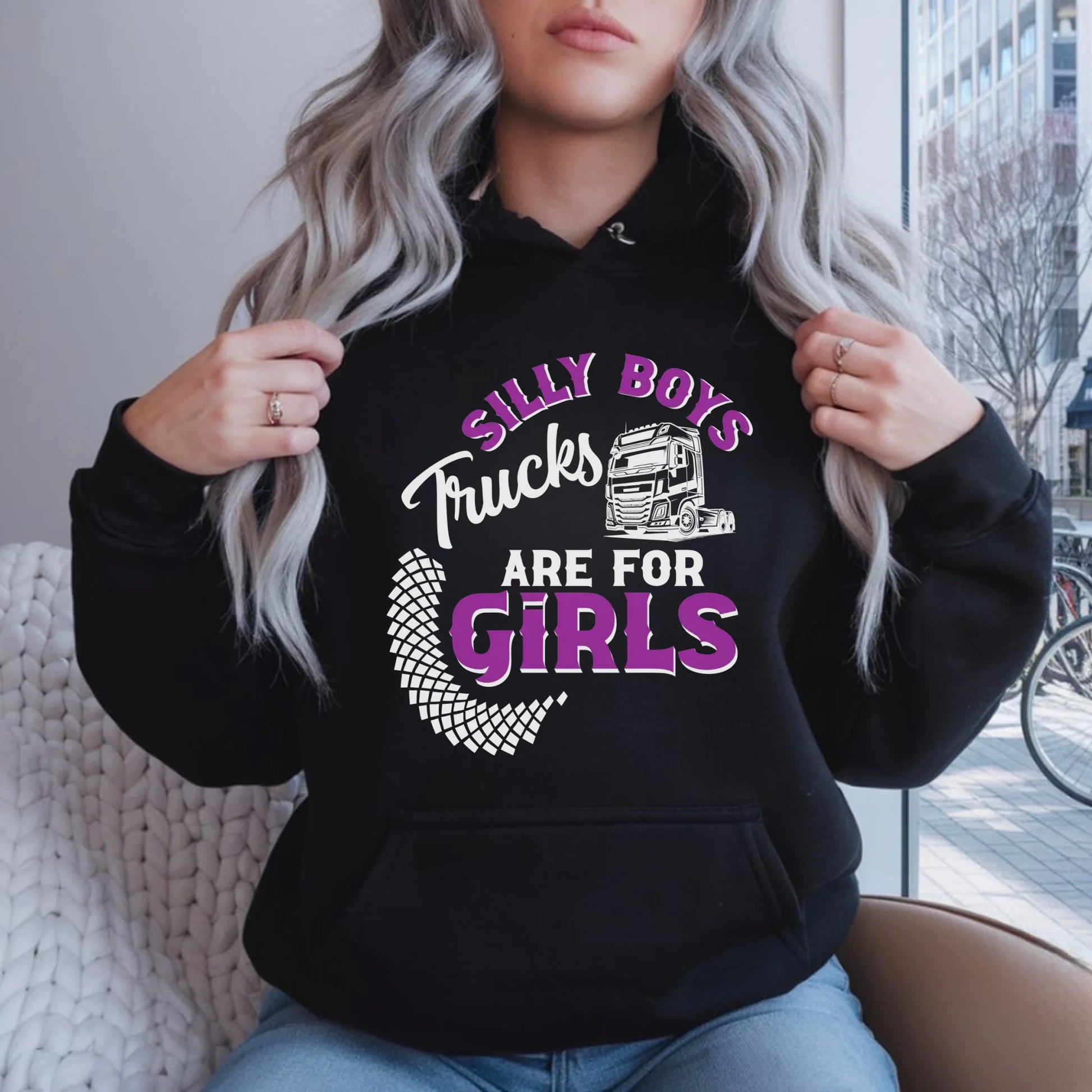 Bluza damska z kapturem - kierowca ciężarówki - Silly boys trucks are for girls ZKT11 - StoryCups.pl