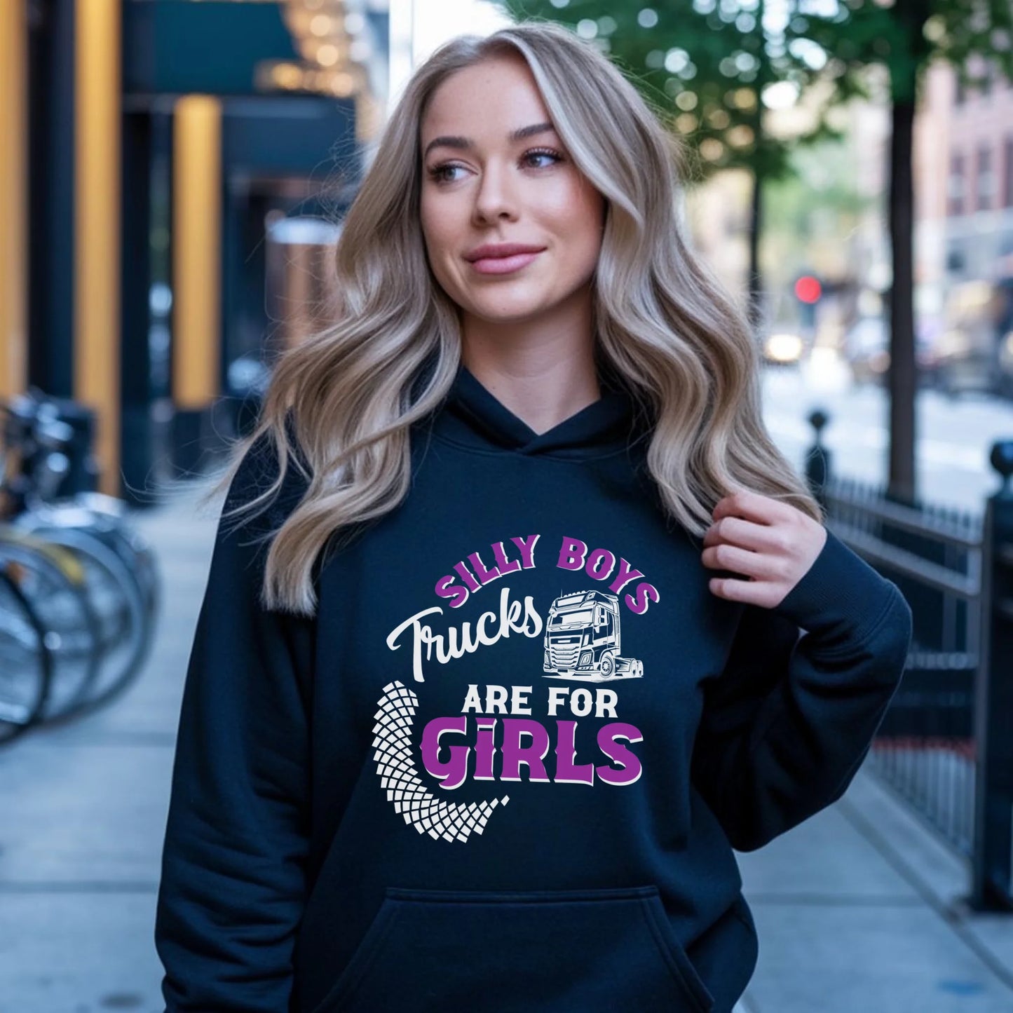 Bluza damska z kapturem - kierowca ciężarówki - Silly boys trucks are for girls ZKT11 - StoryCups.pl