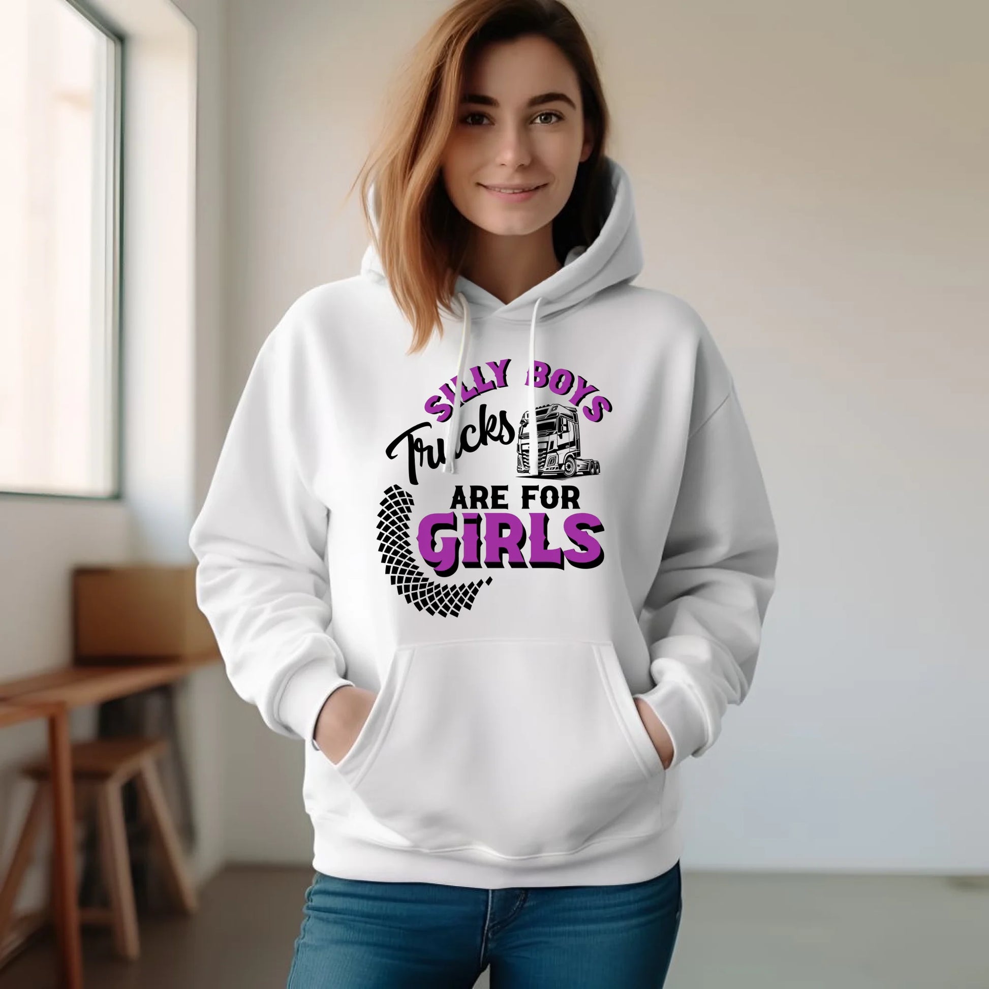 Bluza damska z kapturem - kierowca ciężarówki - Silly boys trucks are for girls ZKT11 - StoryCups.pl