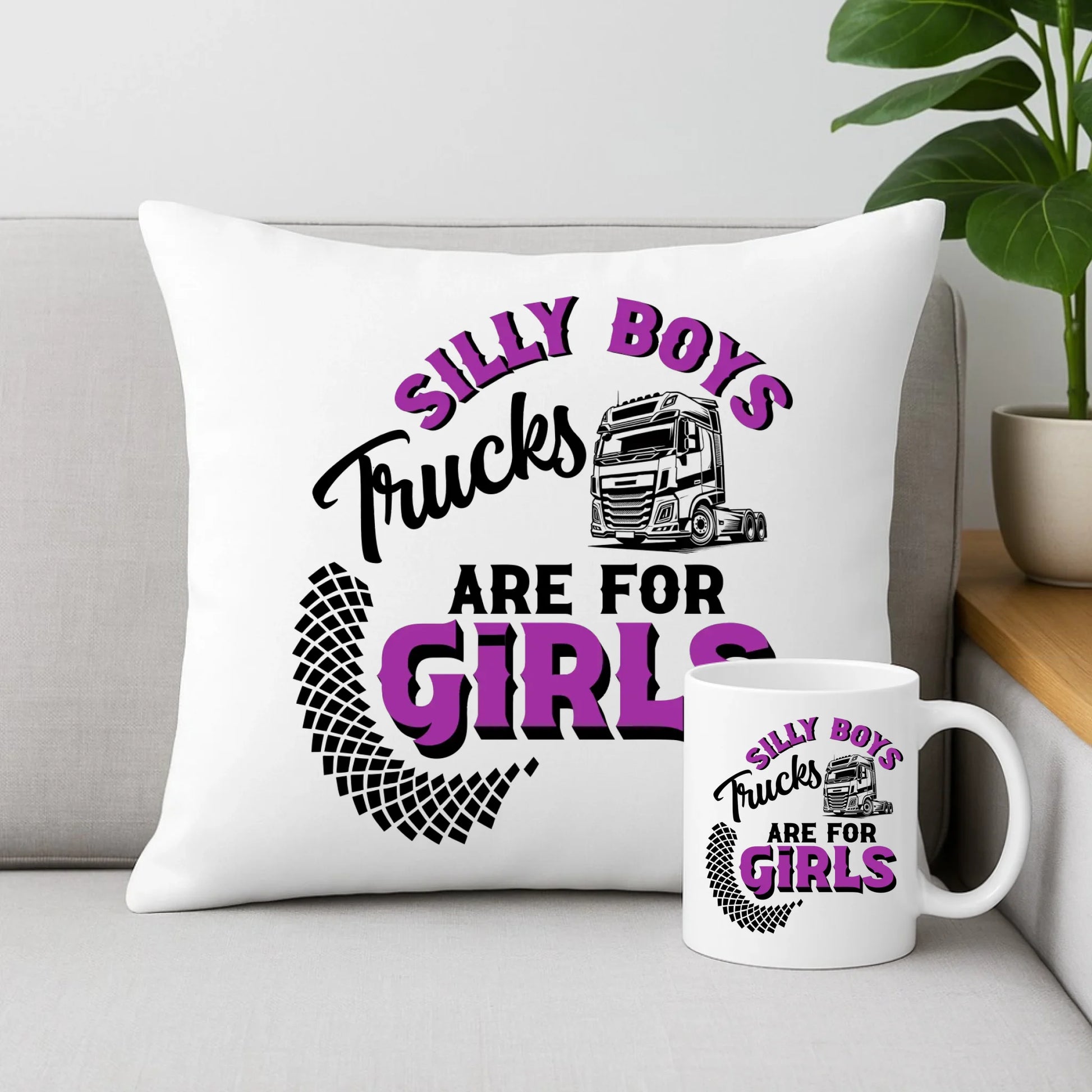 Zestaw poduszka i kubek - kierowca ciężarówki - Silly boys trucks are for girls ZKT11 - StoryCups.pl