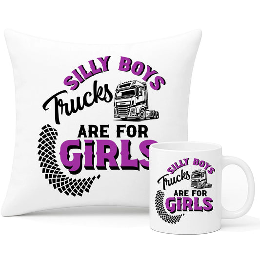 Zestaw poduszka i kubek - kierowca ciężarówki - Silly boys trucks are for girls ZKT11 - StoryCups.pl