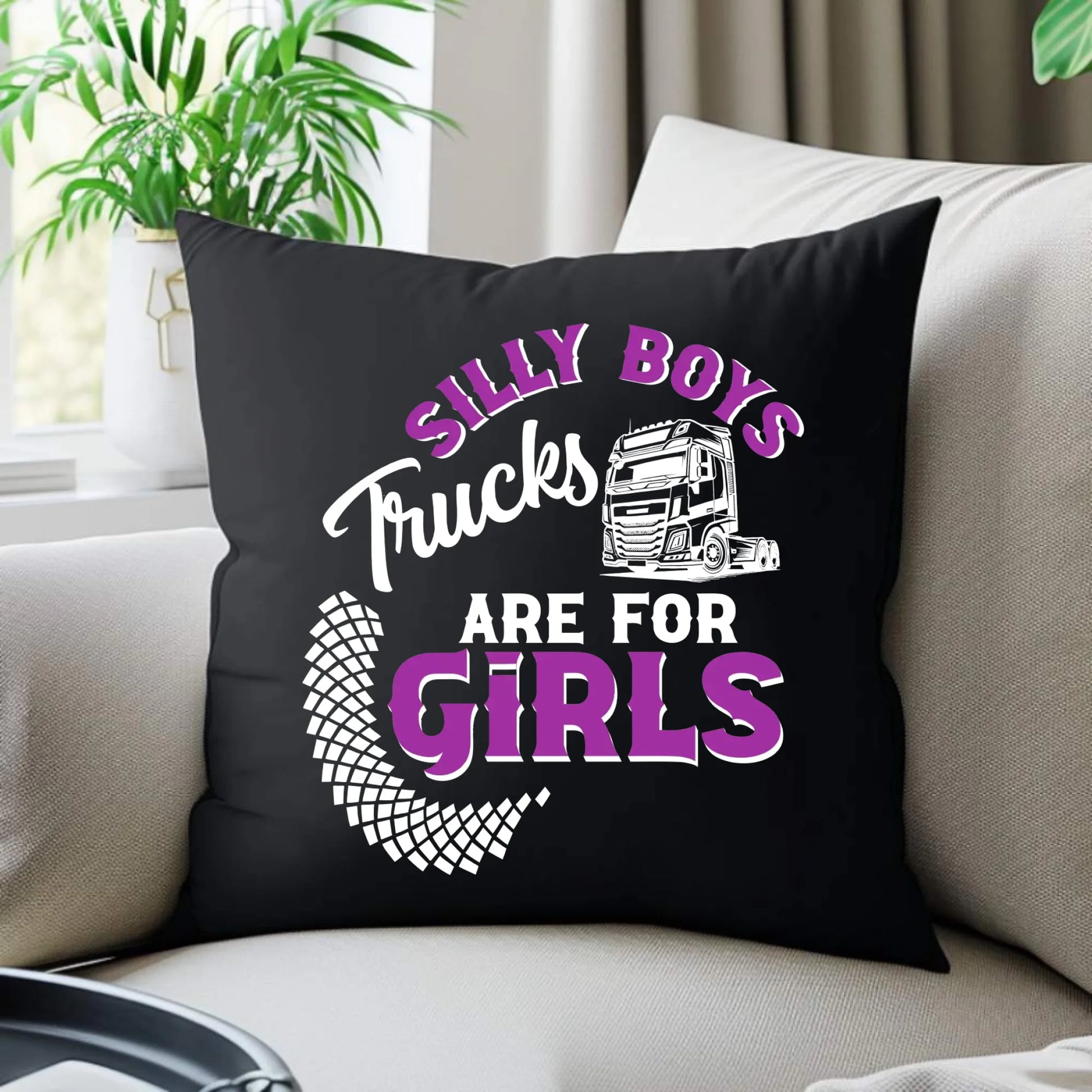 Poduszka dekoracyjna - kierowca ciężarówki - Silly boys trucks are for girls ZKT11 - StoryCups.pl