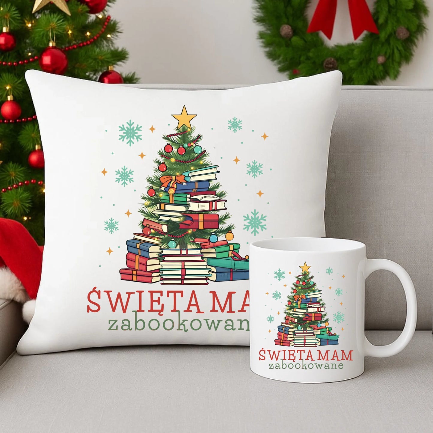 Zestaw poduszka i kubek świąteczny - Święta mam zabookowane BN05 - StoryCups.pl