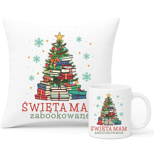 Zestaw poduszka i kubek świąteczny - Święta mam zabookowane BN05 - StoryCups.pl