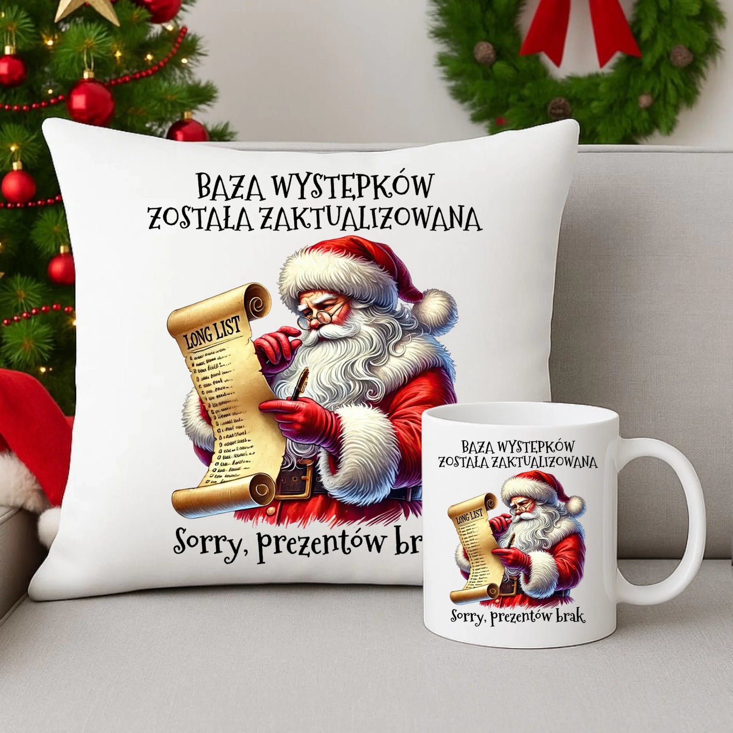 Zestaw poduszka i kubek świąteczny z Mikołajem - Prezentów brak BN07 - StoryCups.pl